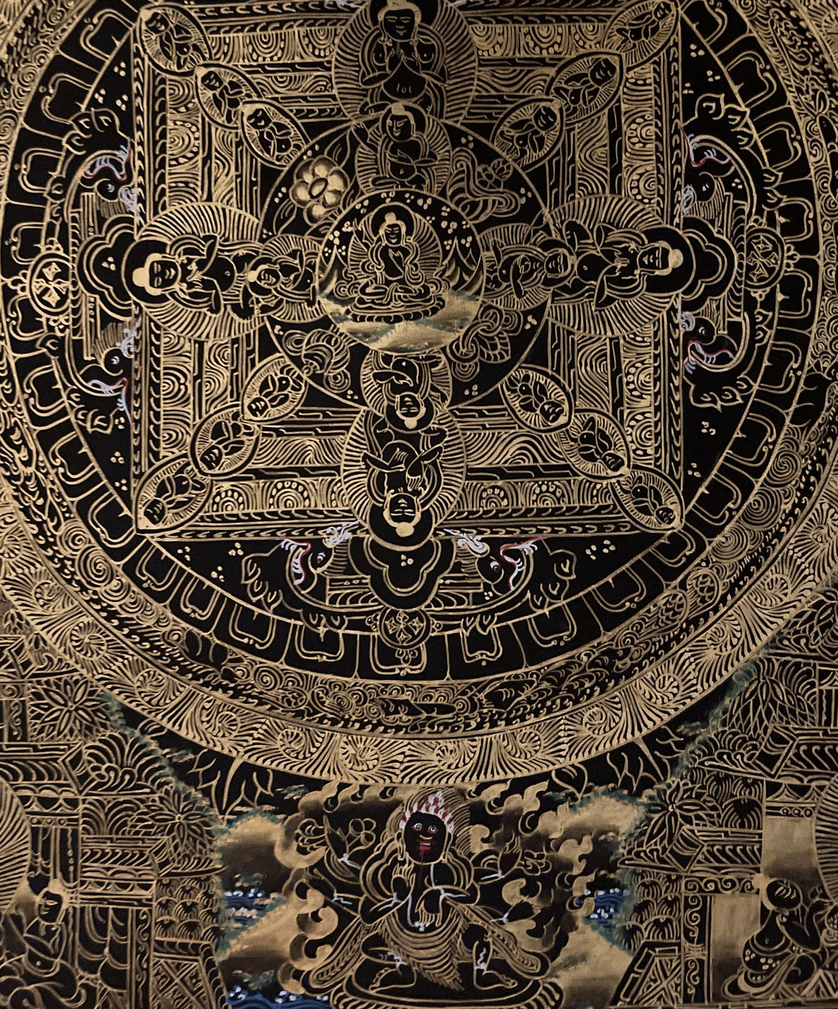 Hand-Painted Buddha Life Mandala Thangka, Black & Gold Tibetan Art