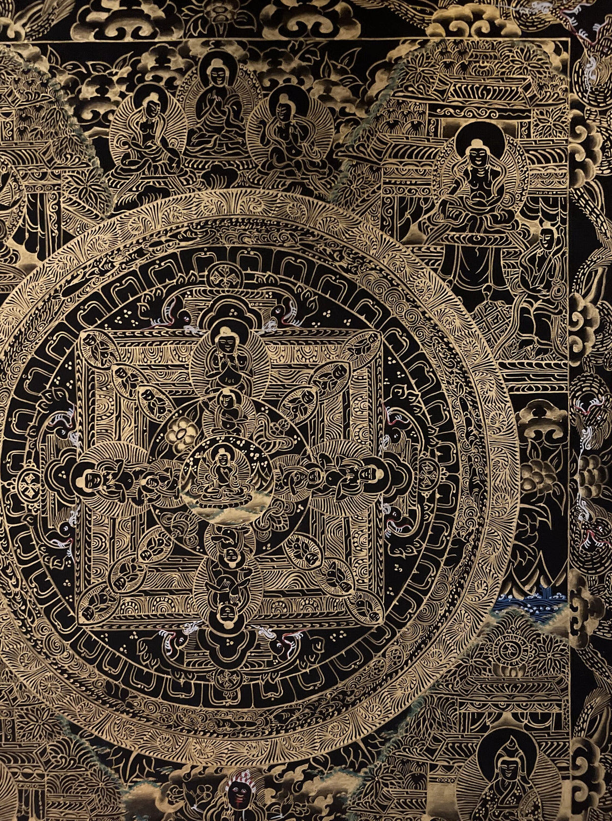 Hand-Painted Buddha Life Mandala Thangka, Black & Gold Tibetan Art
