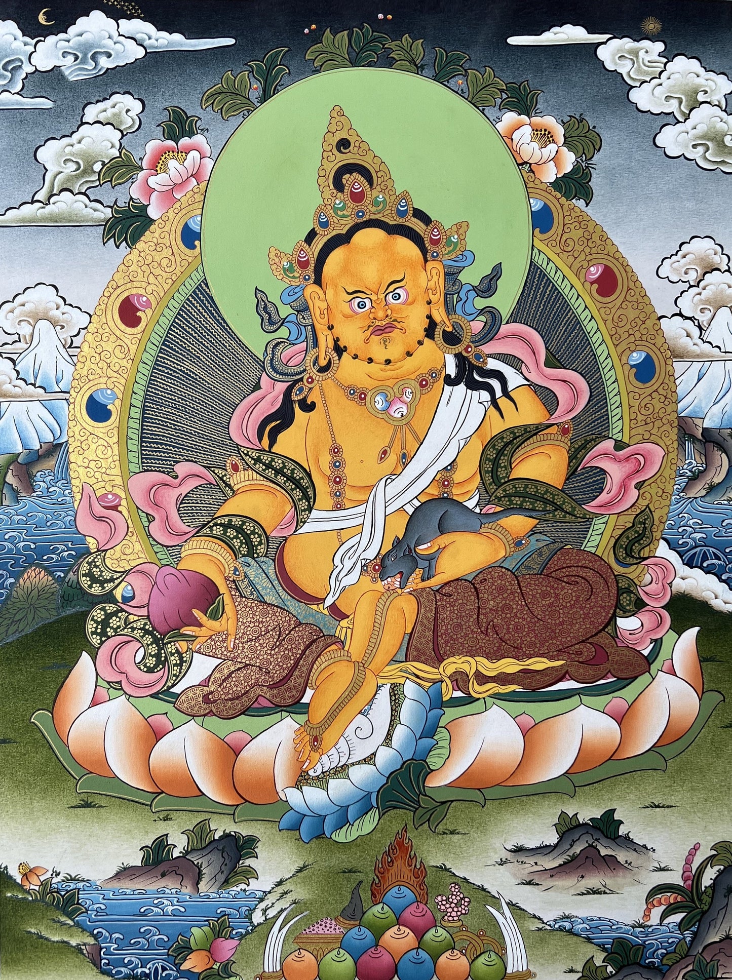 Yellow Jambhala Tibetan Thangka | Kuber Wealth Deity Hand-Painted Art | Buddhist Prosperity Masterpiece Painting