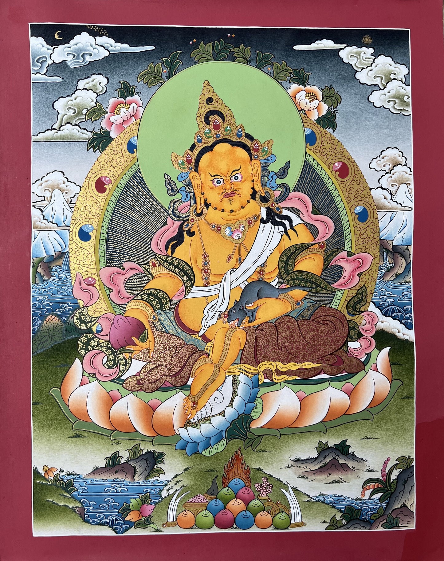 Yellow Jambhala Tibetan Thangka | Kuber Wealth Deity Hand-Painted Art | Buddhist Prosperity Masterpiece Painting