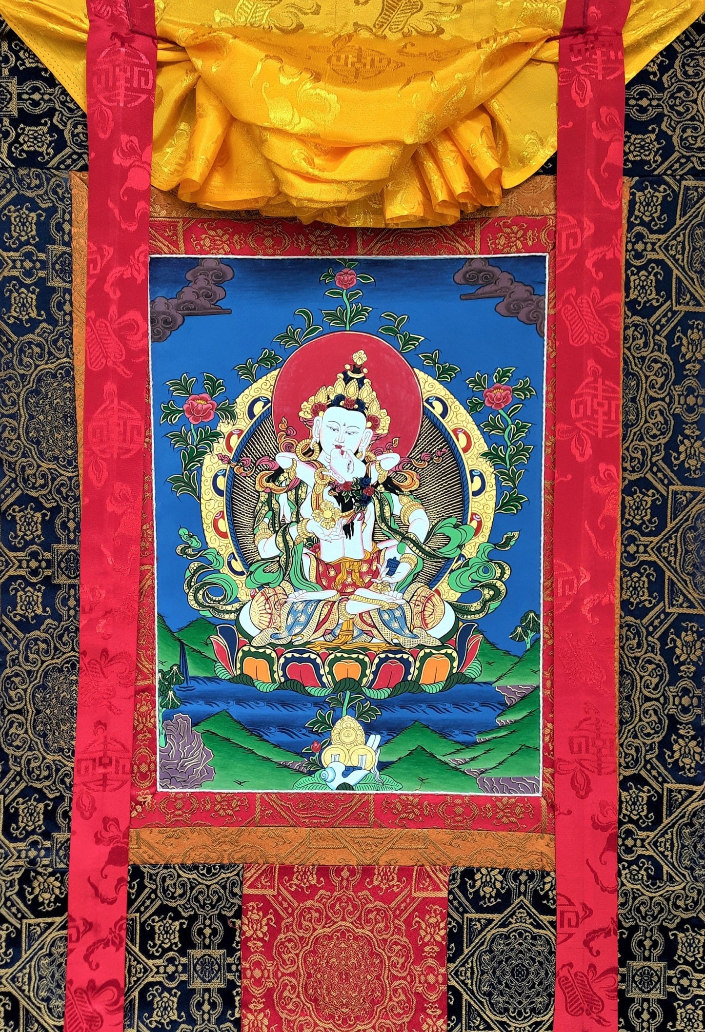 Hand-Painted Vajrasattva Shakti Thangka Painting, Silk Brocade Frame