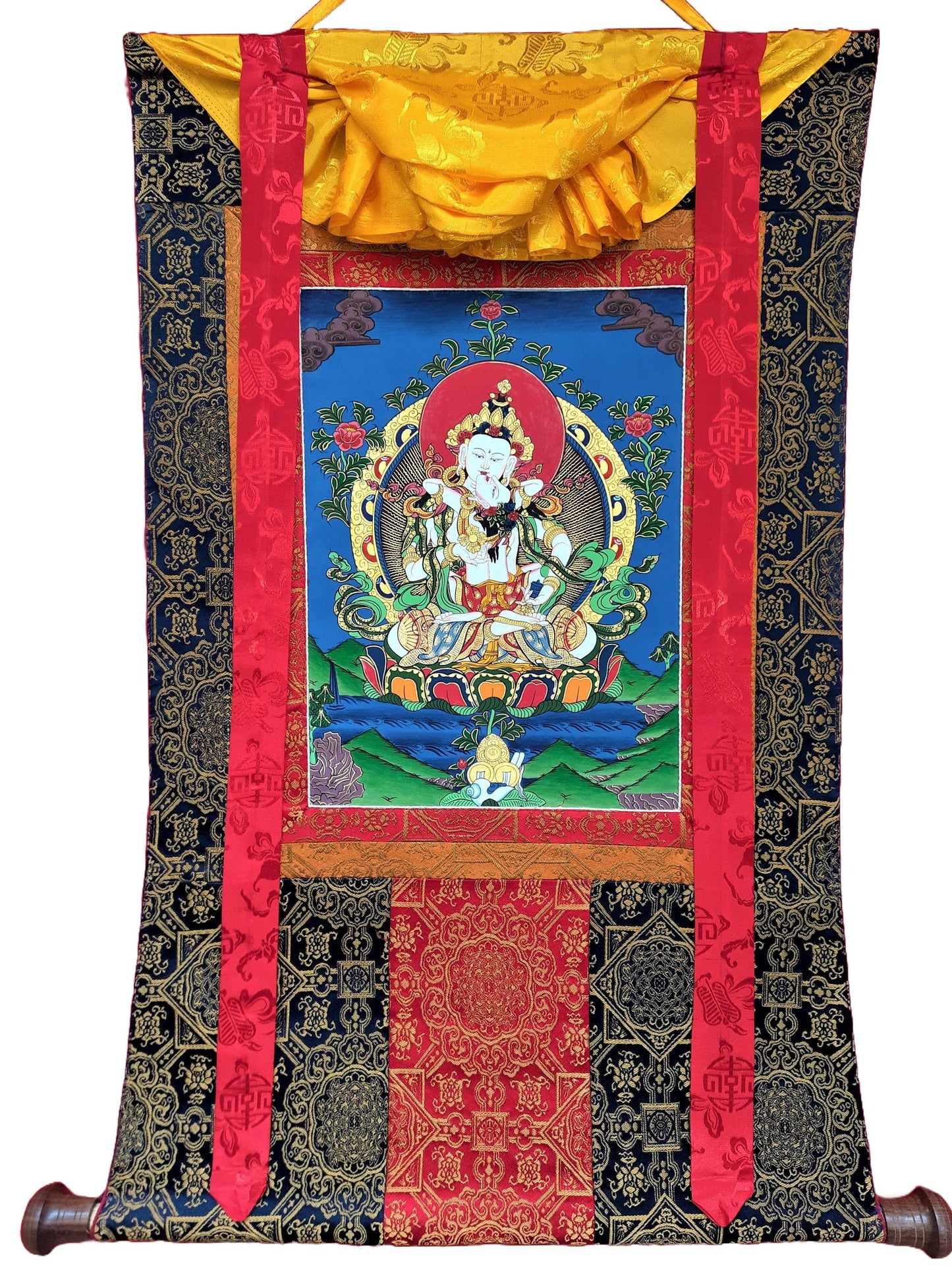 Hand-Painted Vajrasattva Shakti Thangka Painting, Silk Brocade Frame