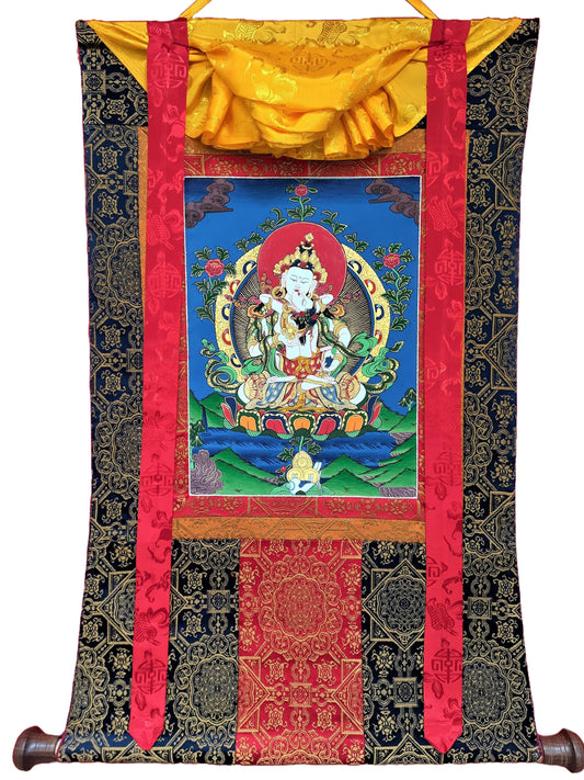 Hand-Painted Vajrasattva Shakti Thangka Painting, Silk Brocade Frame