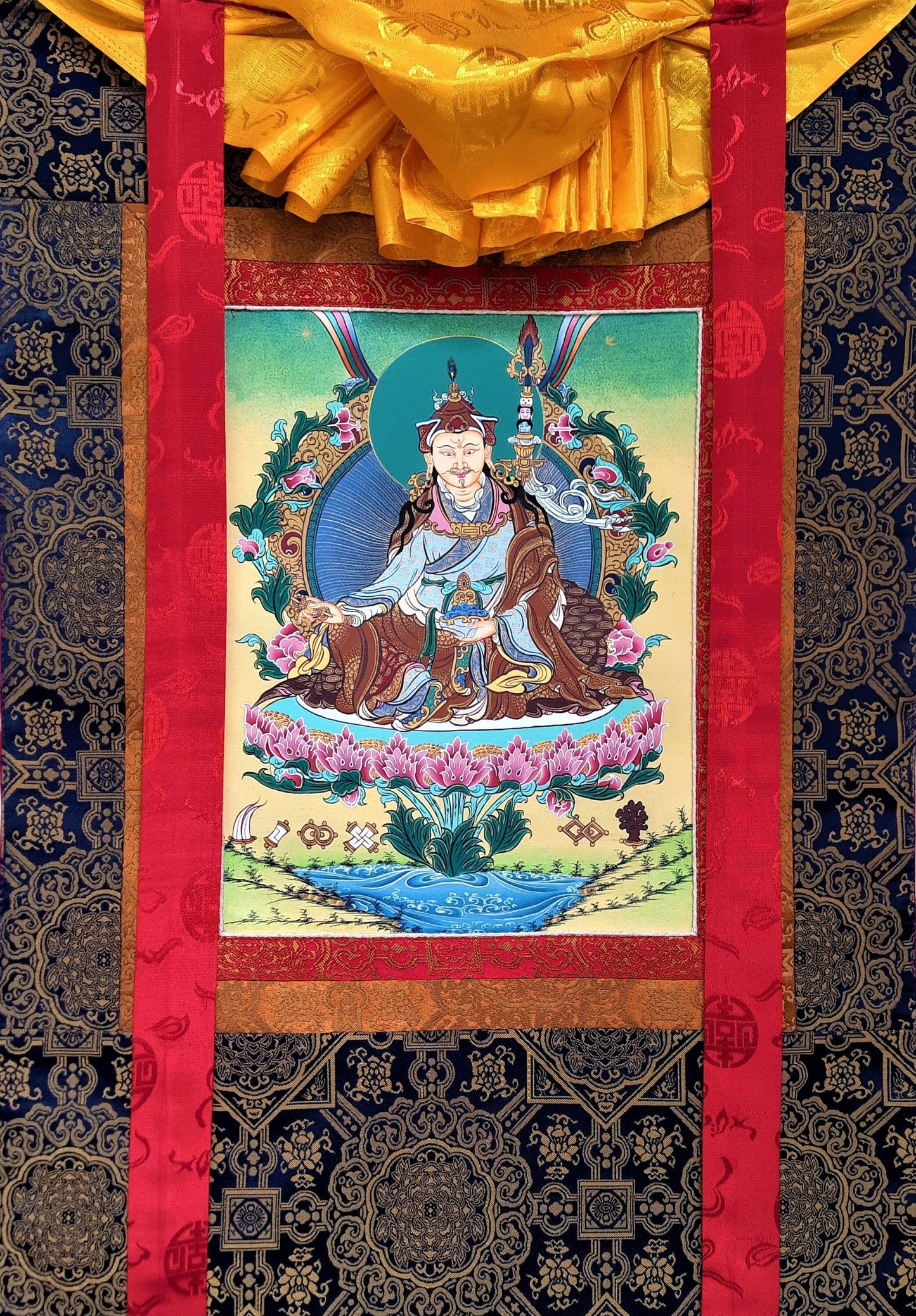 Guru Rinpoche Thangka Painting, 24k Gold, Framed Tibetan Art