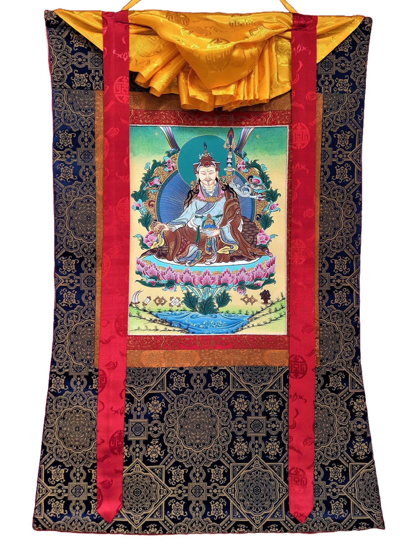 Guru Rinpoche Thangka Painting, 24k Gold, Framed Tibetan Art