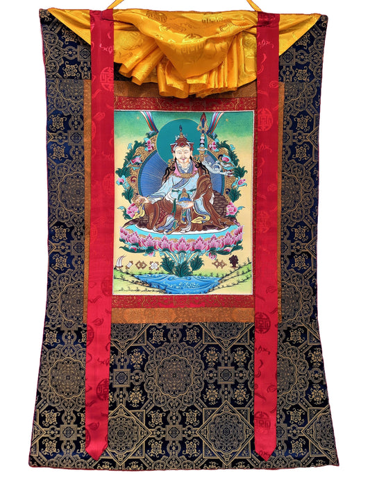 Guru Rinpoche Thangka Painting, 24k Gold, Framed Tibetan Art