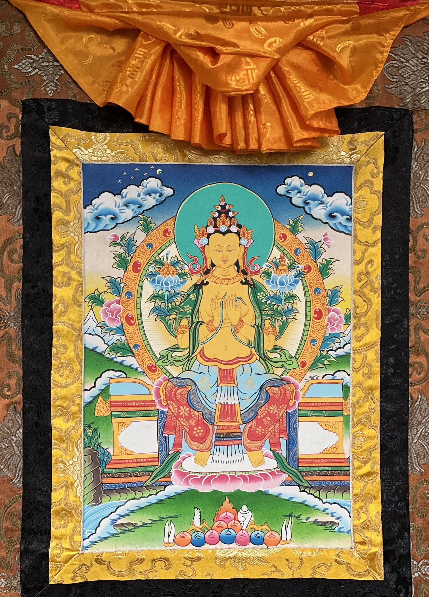 Hand-Painted Maitreya Buddha Thangka Painting with Silk Brocade