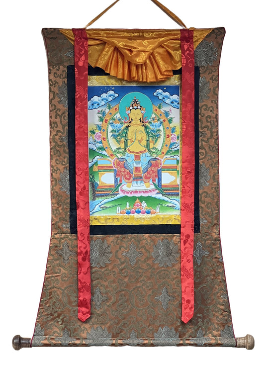 Hand-Painted Maitreya Buddha Thangka Painting with Silk Brocade