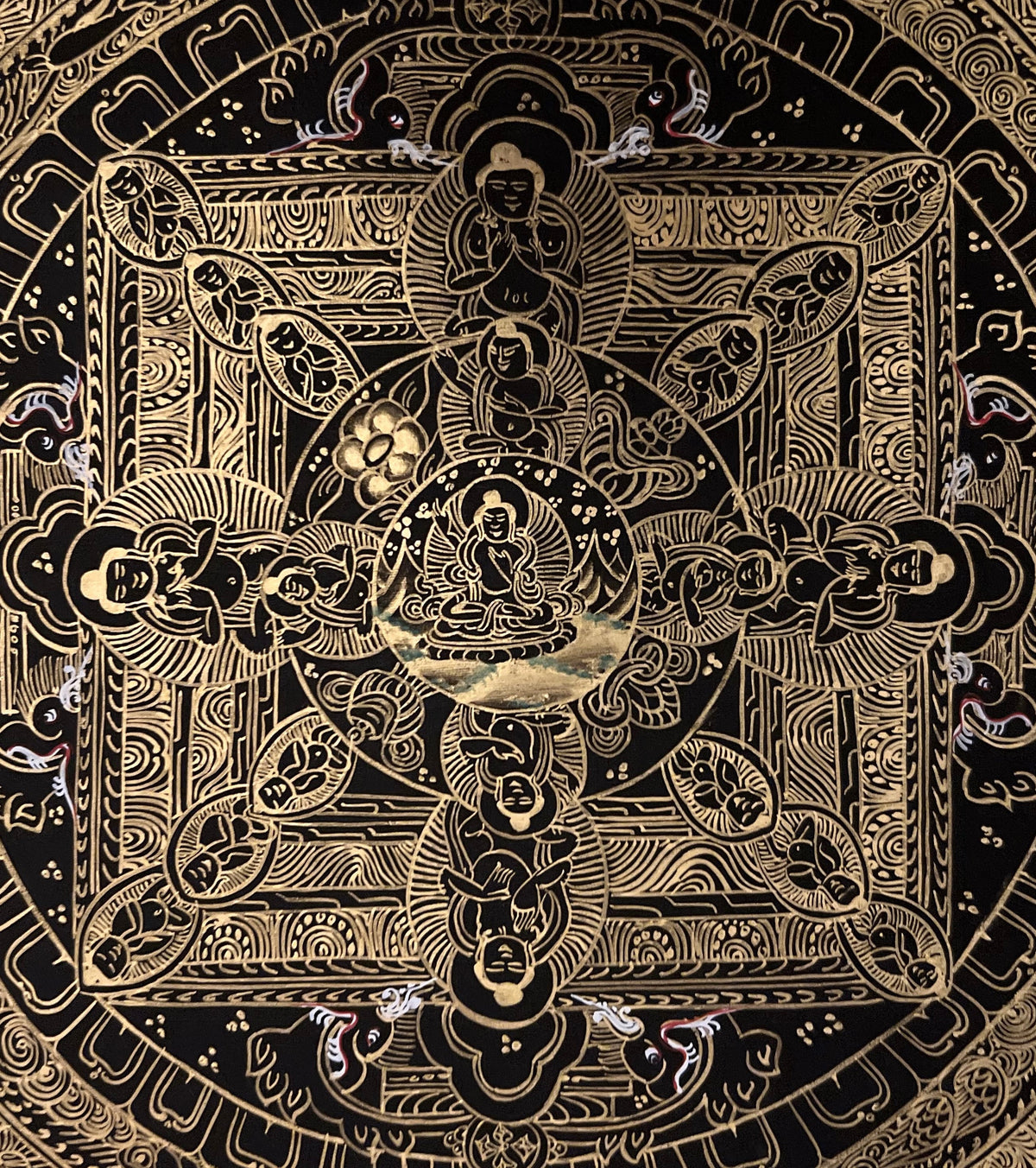 Hand-Painted Buddha Life Mandala Thangka, Black & Gold Tibetan Art