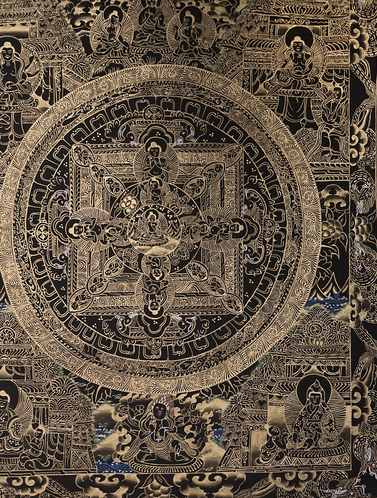 Hand-Painted Buddha Life Mandala Thangka, Black & Gold Tibetan Art