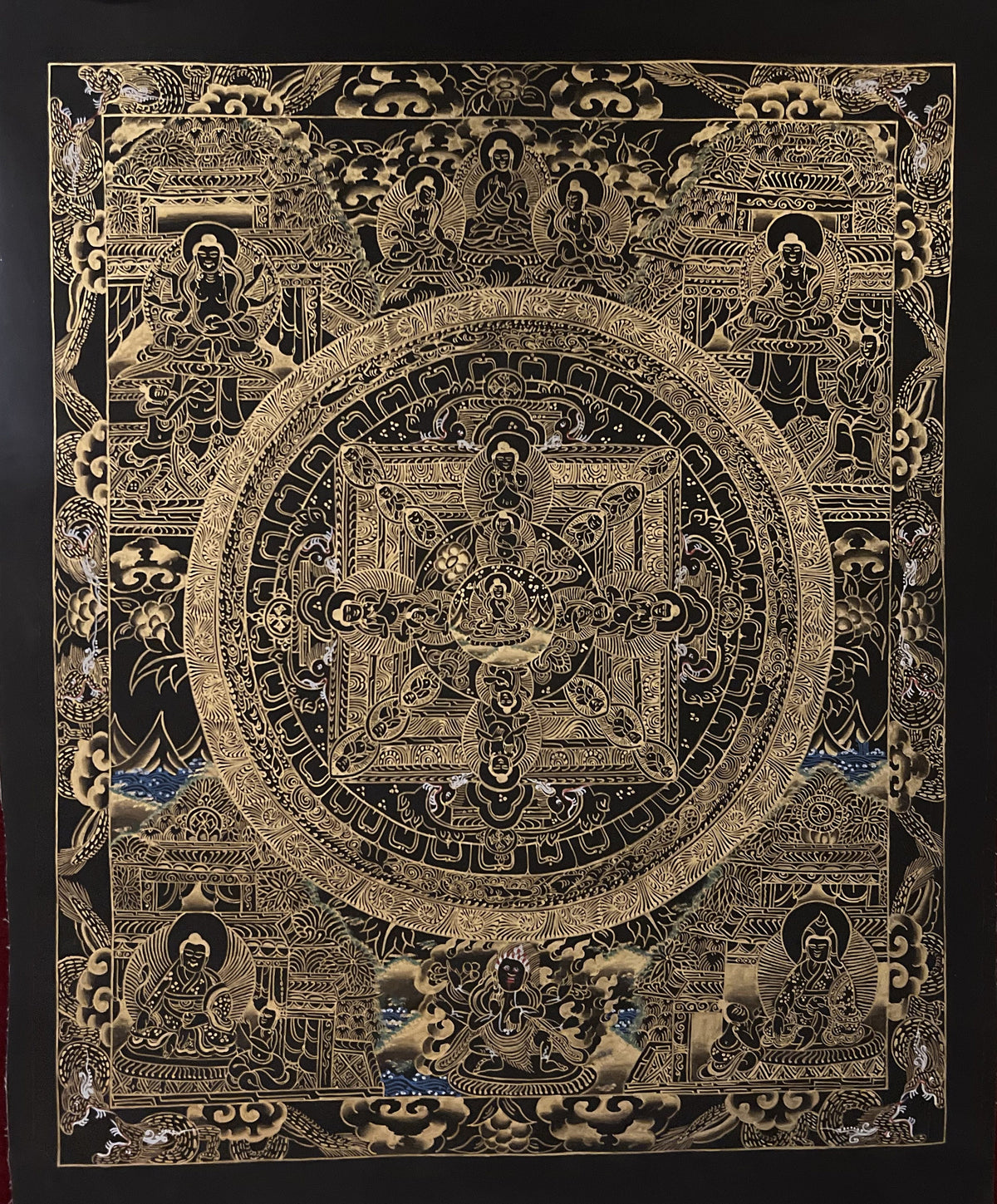 Hand-Painted Buddha Life Mandala Thangka, Black & Gold Tibetan Art