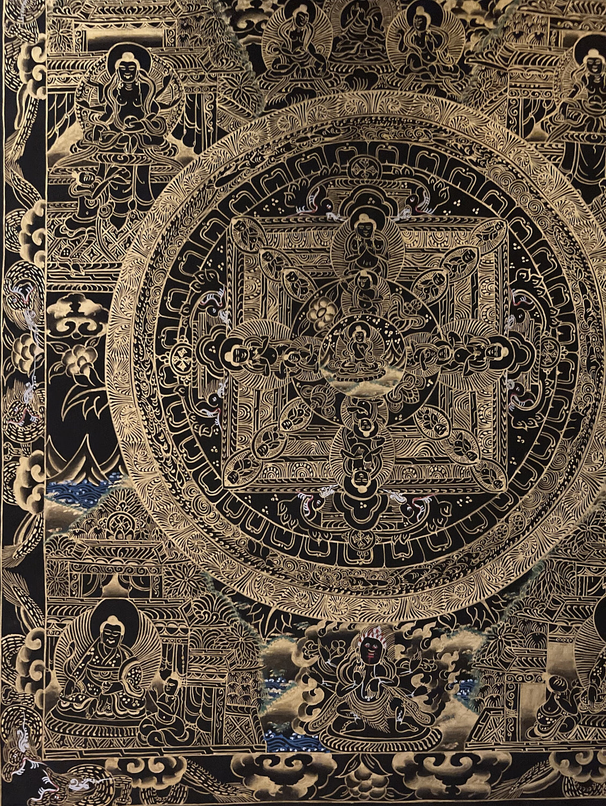 Hand-Painted Buddha Life Mandala Thangka, Black & Gold Tibetan Art