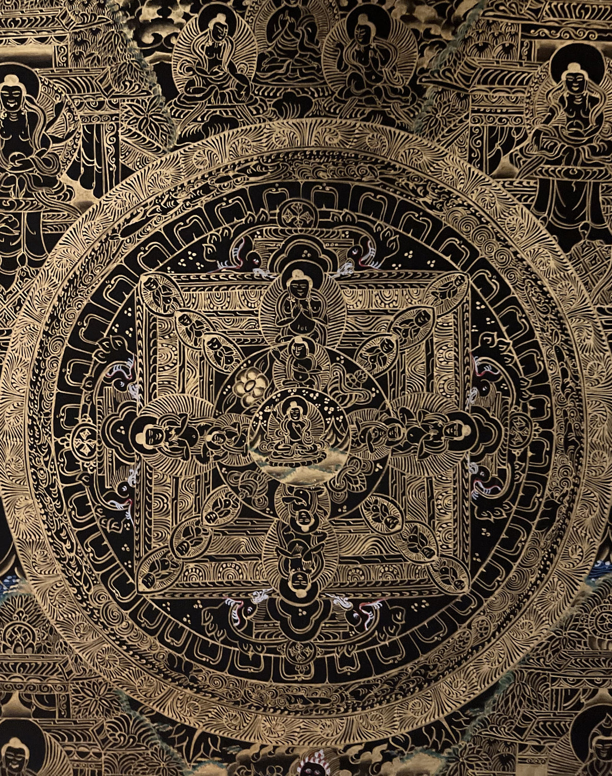 Hand-Painted Buddha Life Mandala Thangka, Black & Gold Tibetan Art