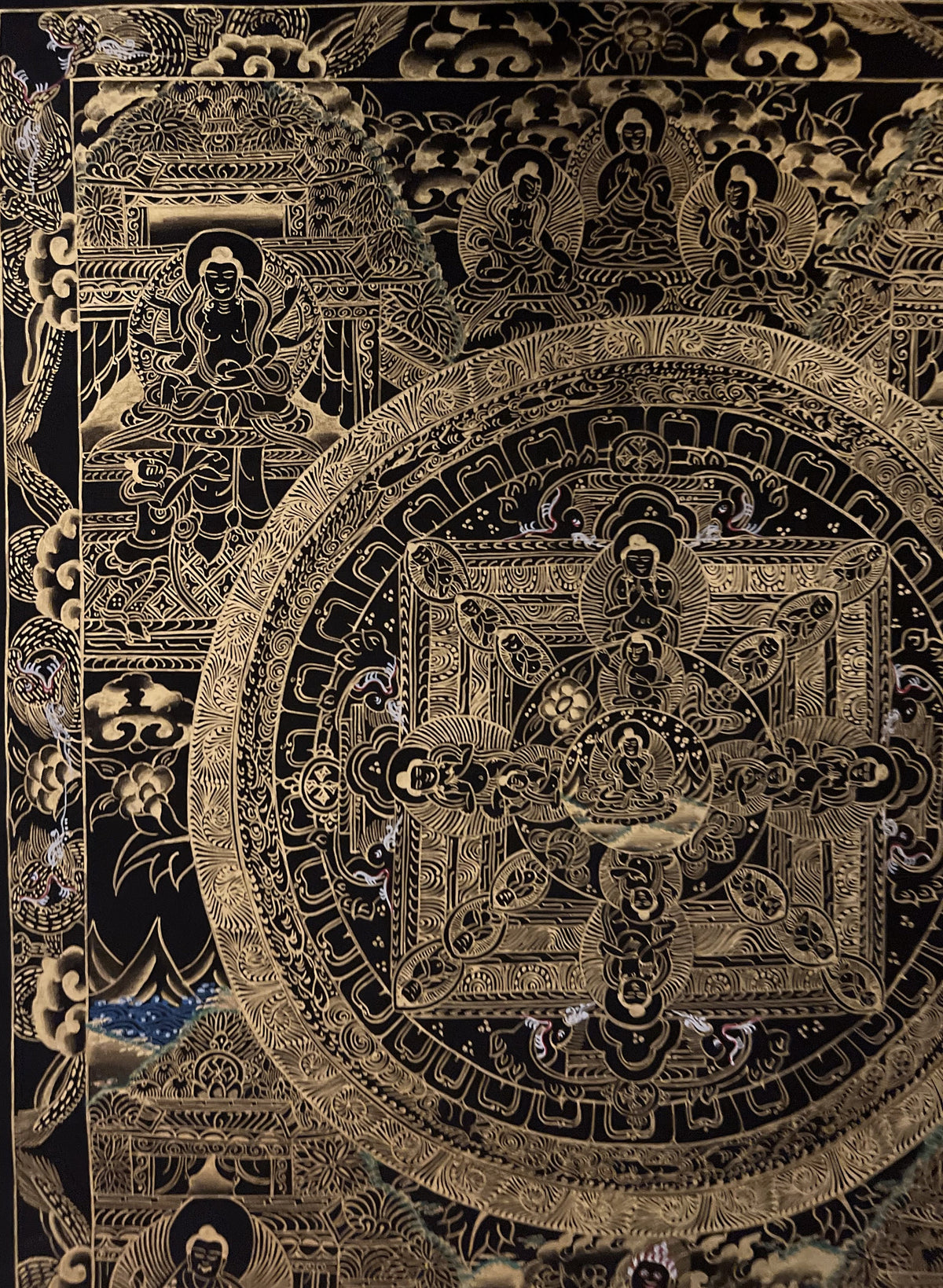 Hand-Painted Buddha Life Mandala Thangka, Black & Gold Tibetan Art