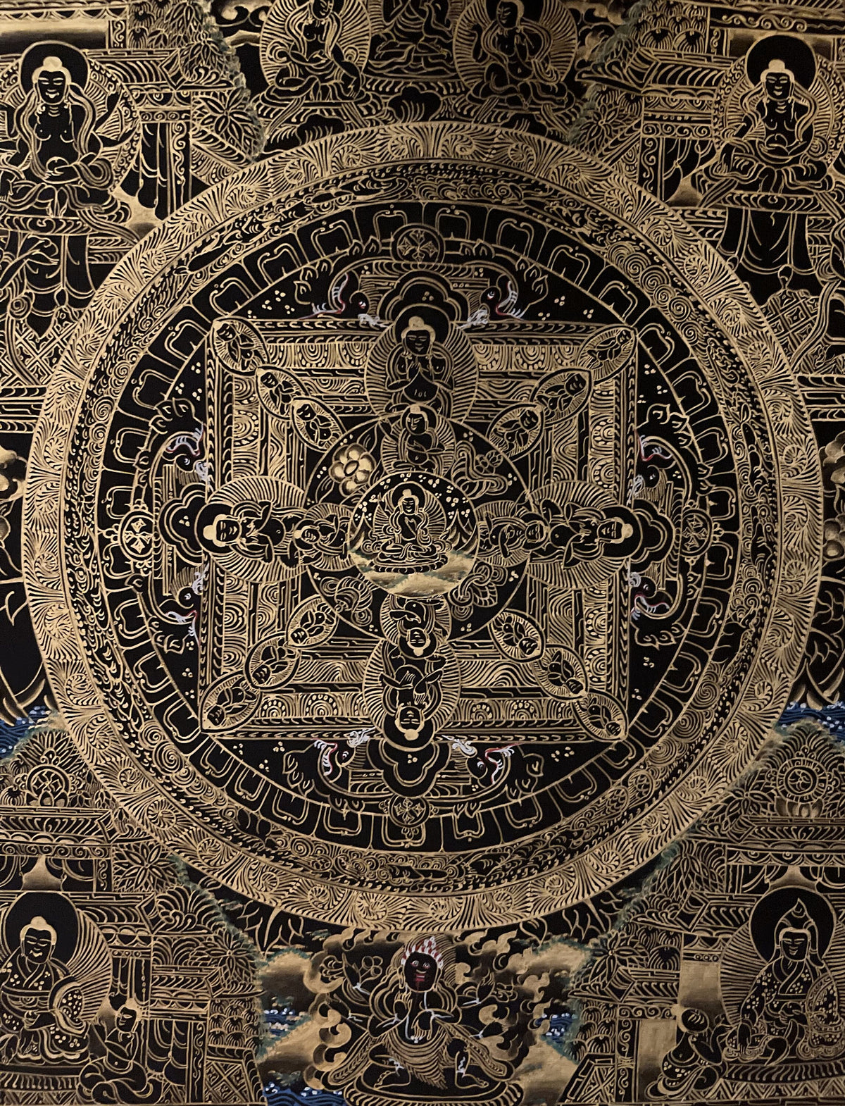 Hand-Painted Buddha Life Mandala Thangka, Black & Gold Tibetan Art