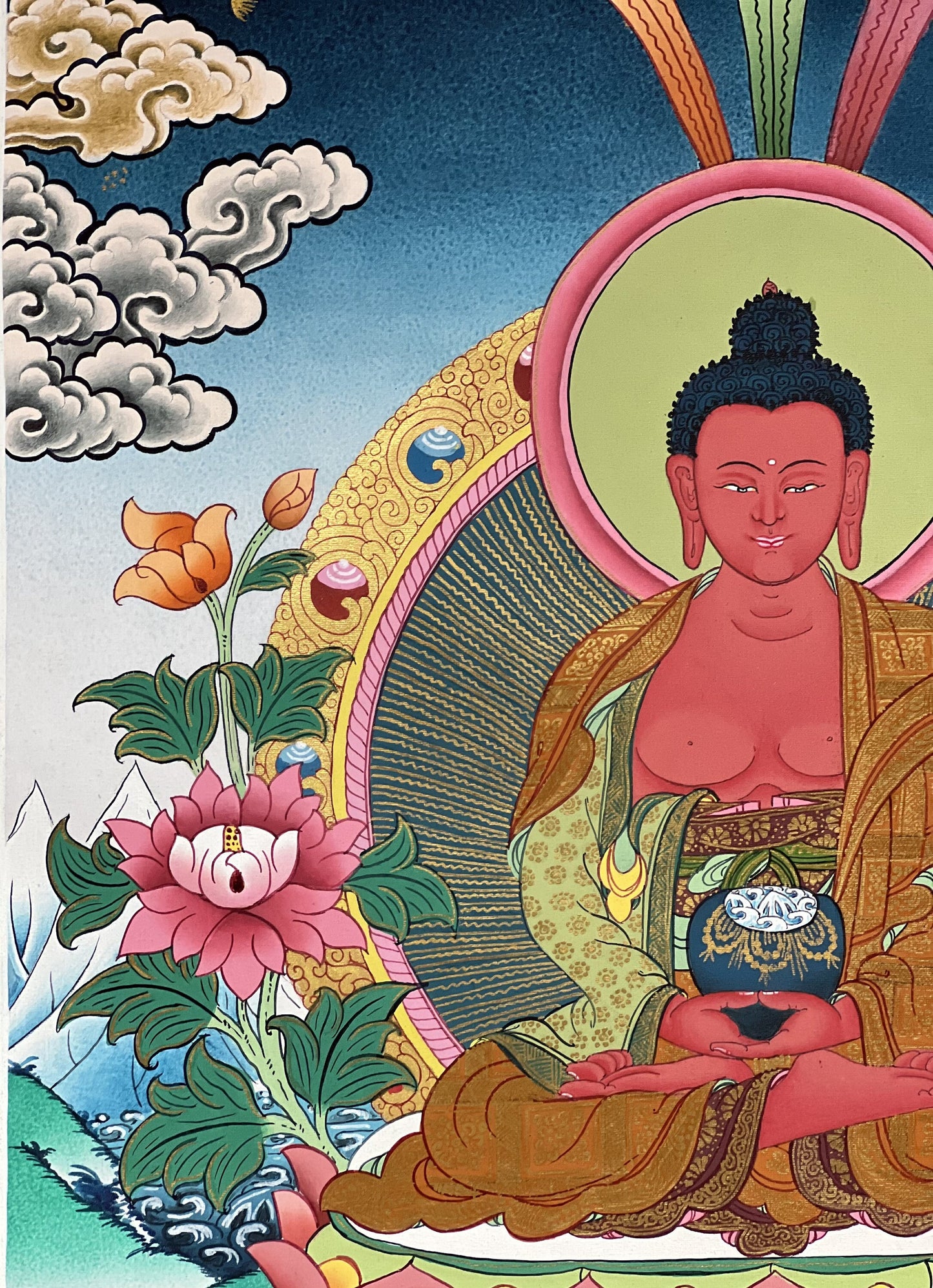 Hand-Painted Amitabha Buddha Thangka  | Tibetan Pure Land Art | Silk Brocade Masterpiece