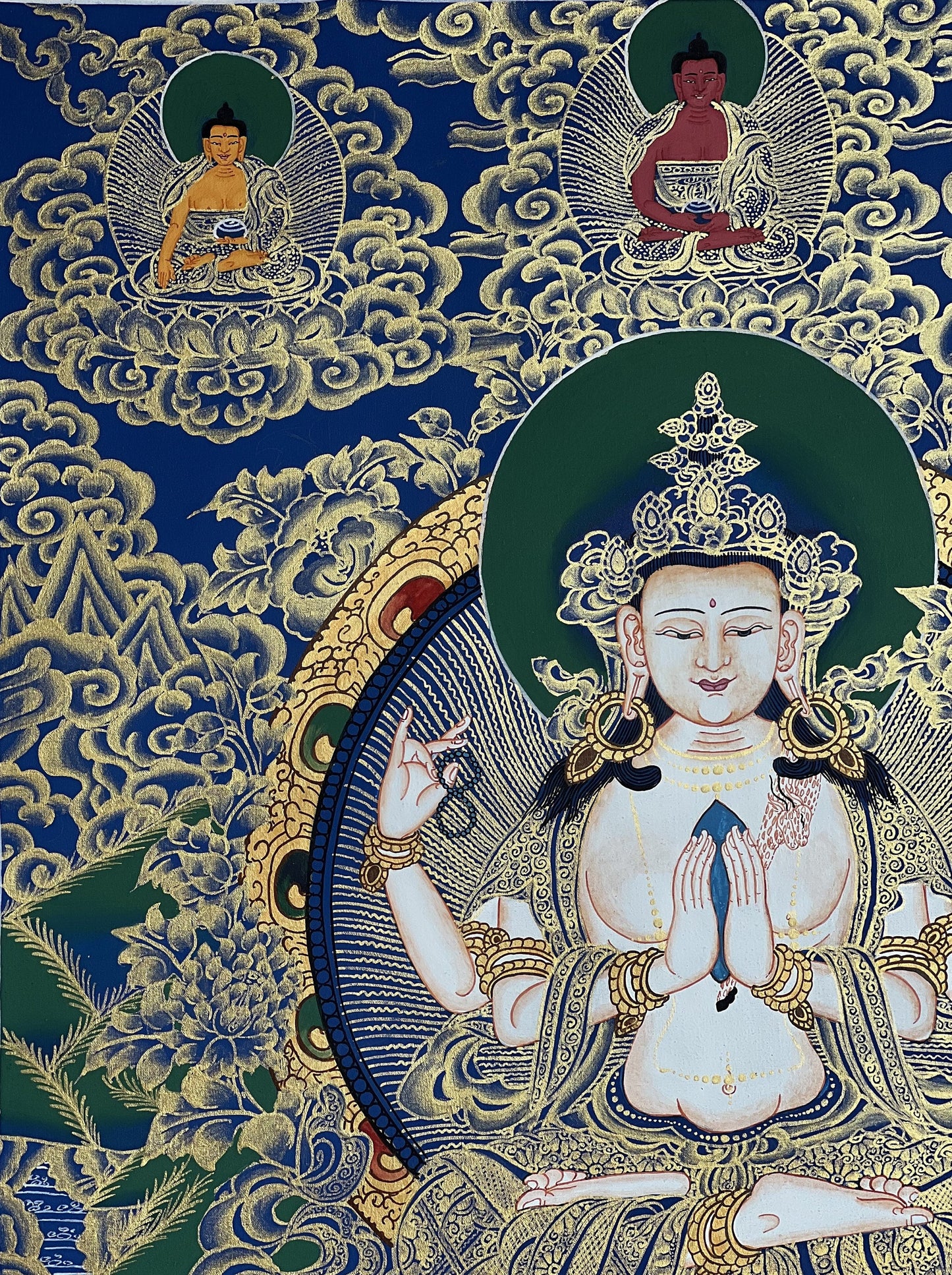 Hand-Painted Chenrezig Thangka, Compassion Buddha Art from Nepal