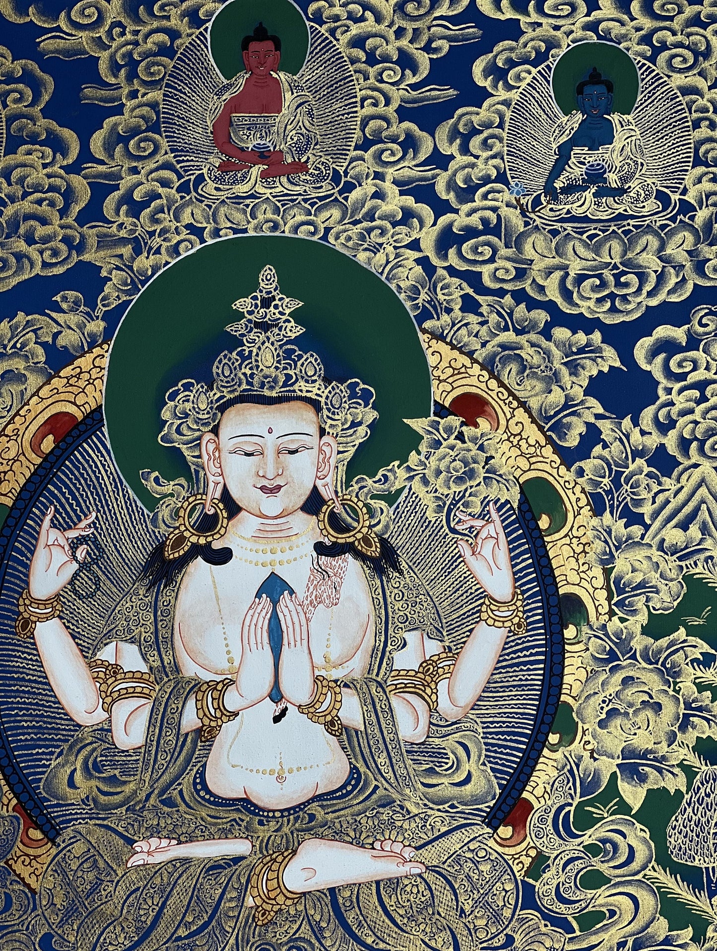 Hand-Painted Chenrezig Thangka, Compassion Buddha Art from Nepal