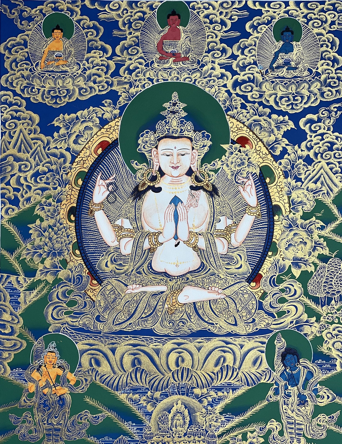 Hand-Painted Chenrezig Thangka, Compassion Buddha Art from Nepal