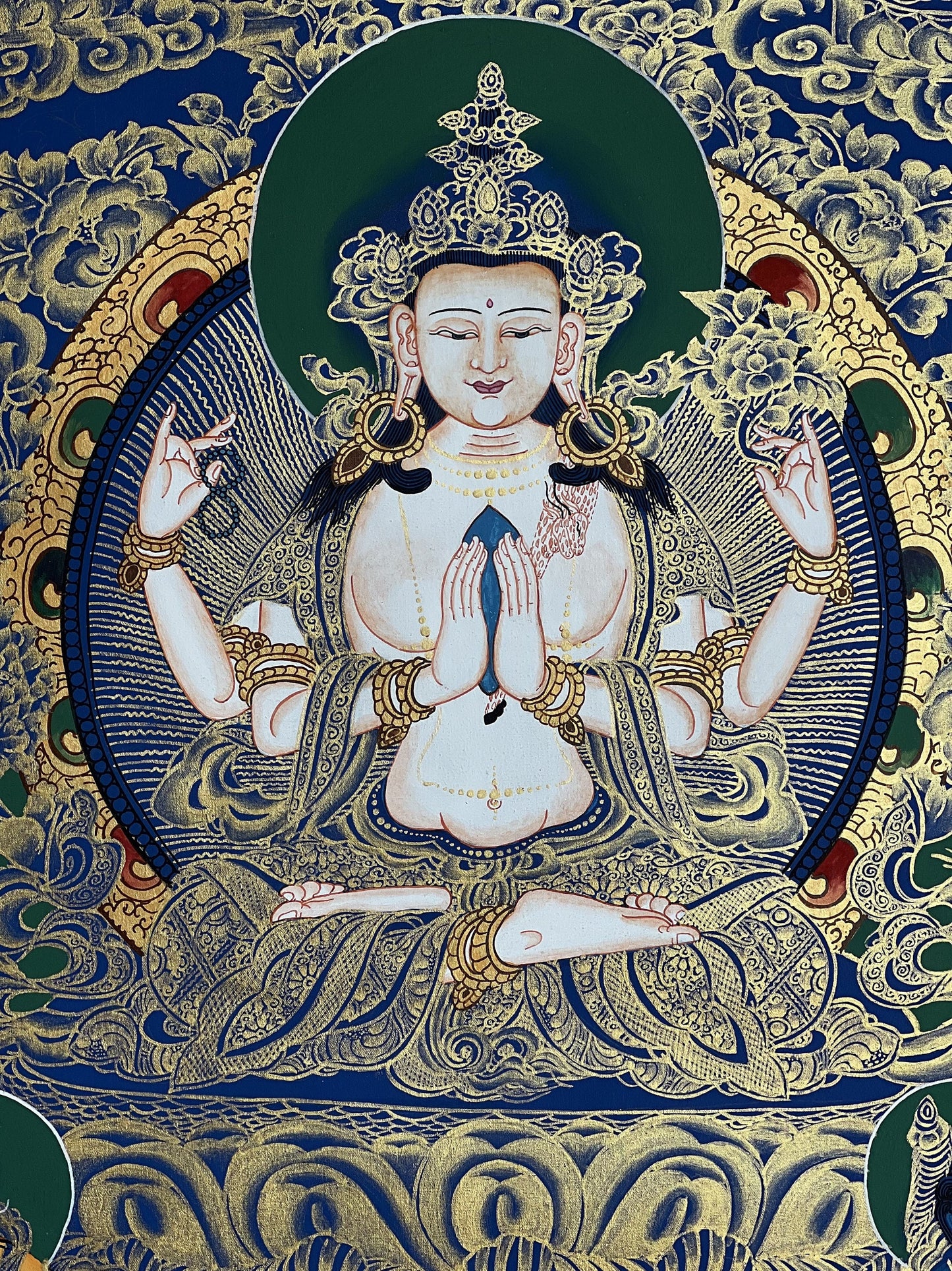 Hand-Painted Chenrezig Thangka, Compassion Buddha Art from Nepal