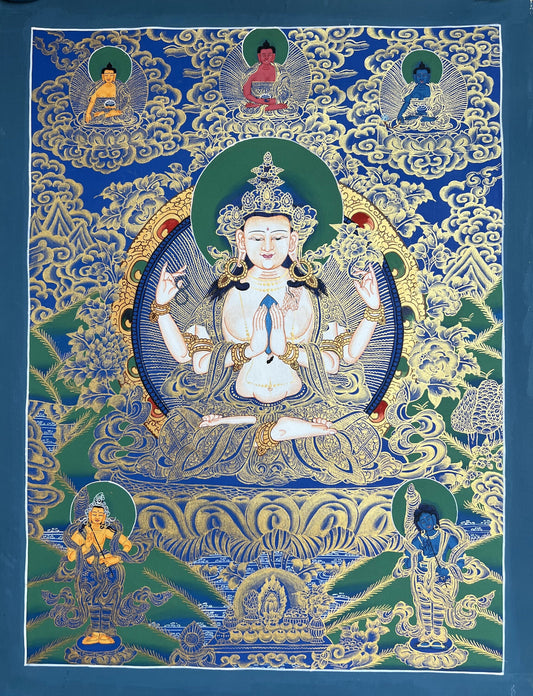 Hand-Painted Chenrezig Thangka, Compassion Buddha Art from Nepal
