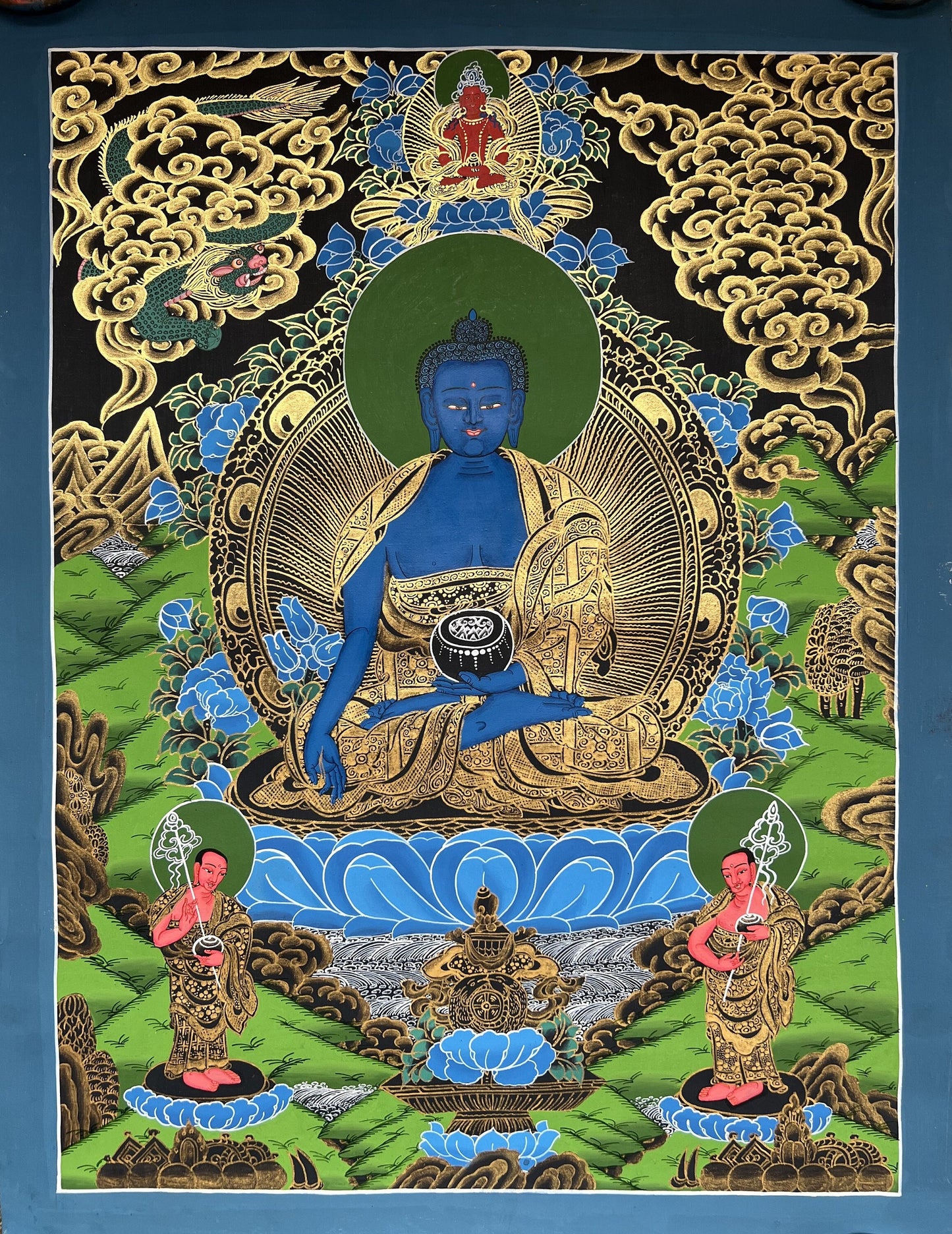 Hand-Painted Medicine Buddha Thangka, Tibetan Buddhist Art with Silk Brocade
