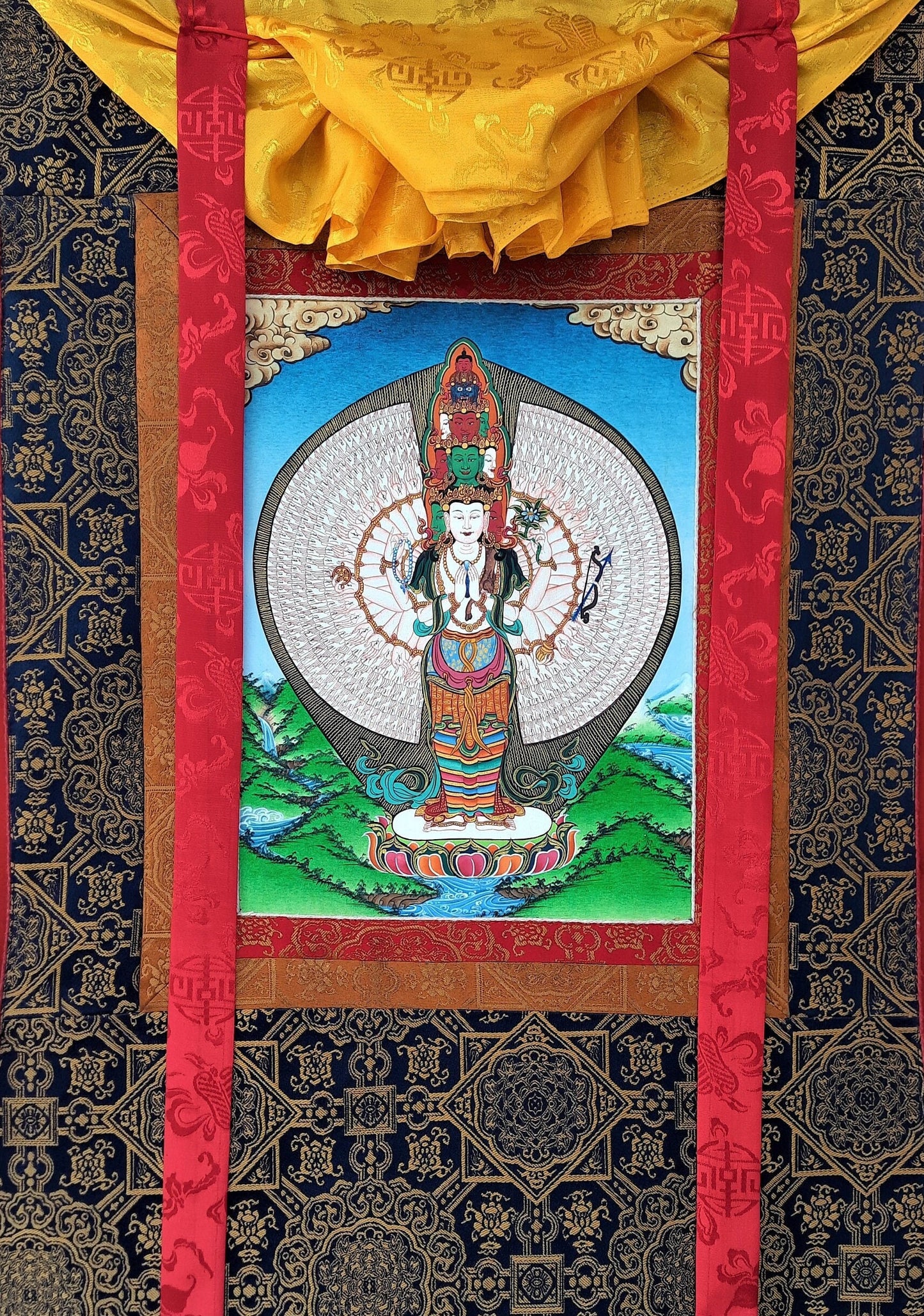 Hand-Painted 1000 Armed Avalokiteshvara Thanka, 24k Gold, Silk Framed