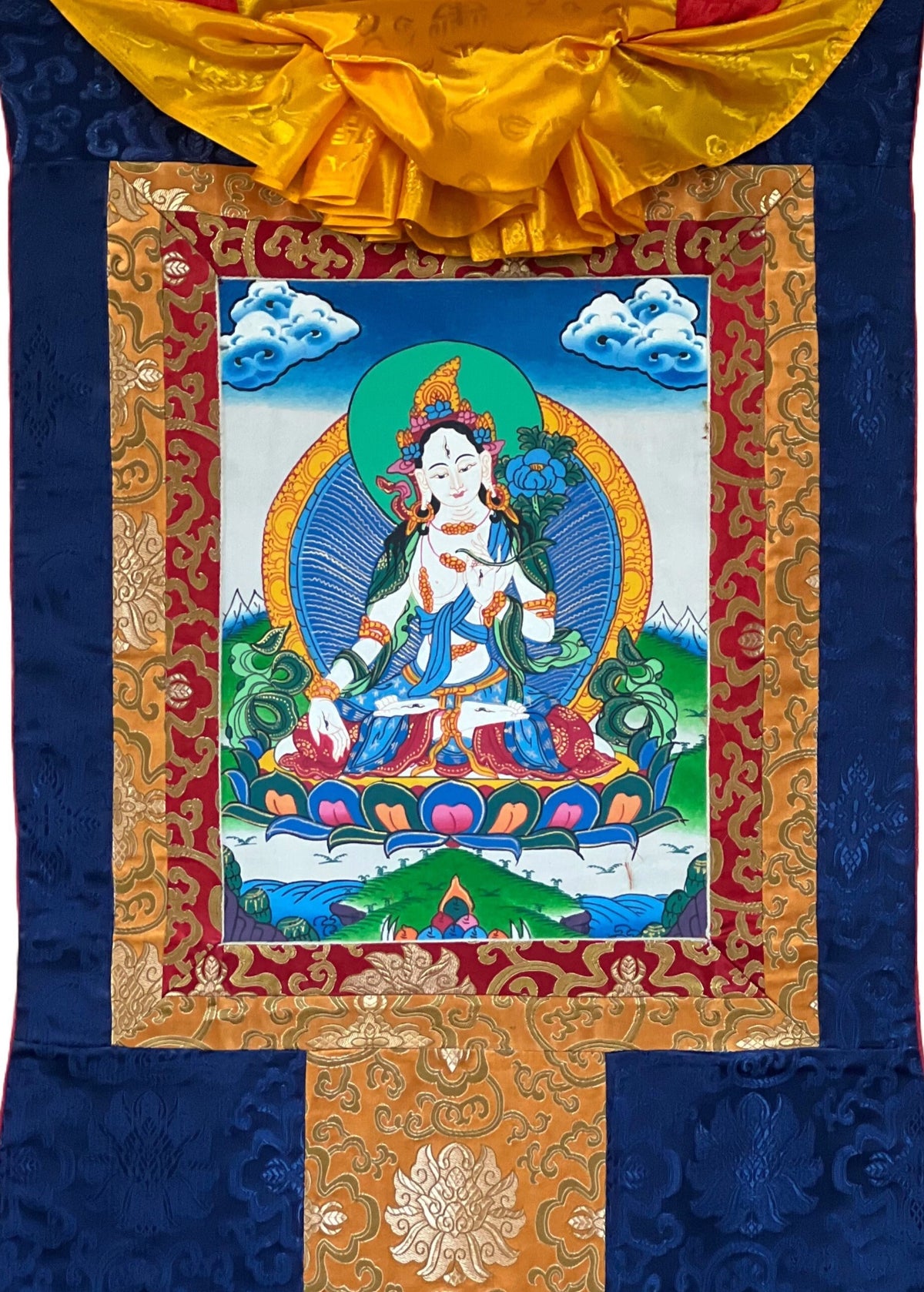 White Tara Thangka Painting, Mother Goddess Art with Silk Border