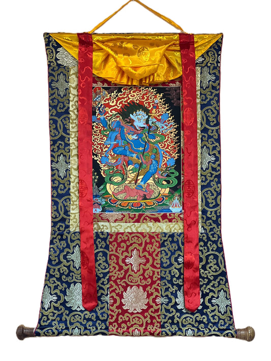 Hand-Painted Simhamukhi Yogini Lion-Faced Dakini Vajra Yogini Tibetan Thangka Painting Bordered with Silk