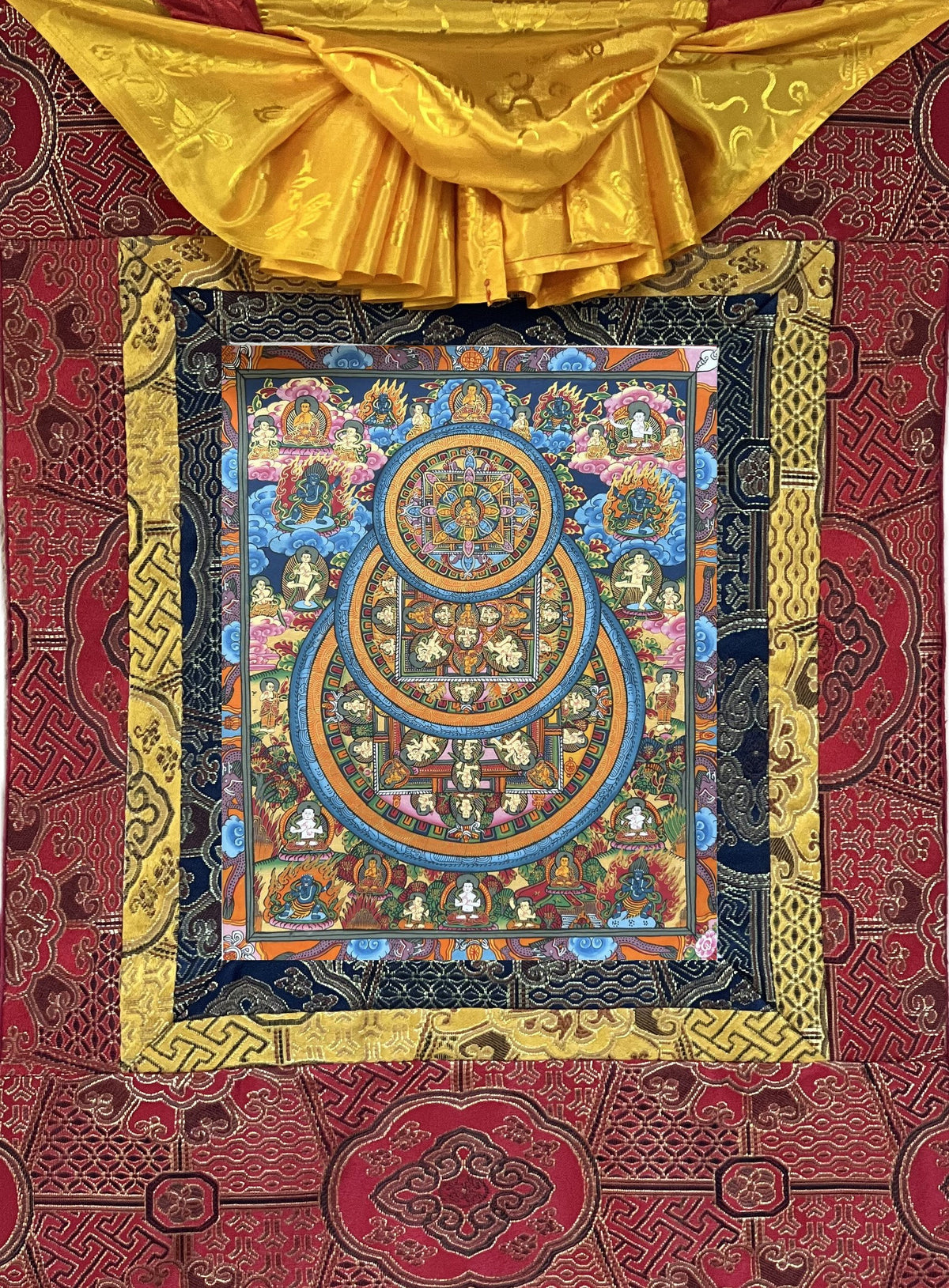Hand-Painted Buddha Life Mandala Tibetan Thangka Art with Silk Brocade