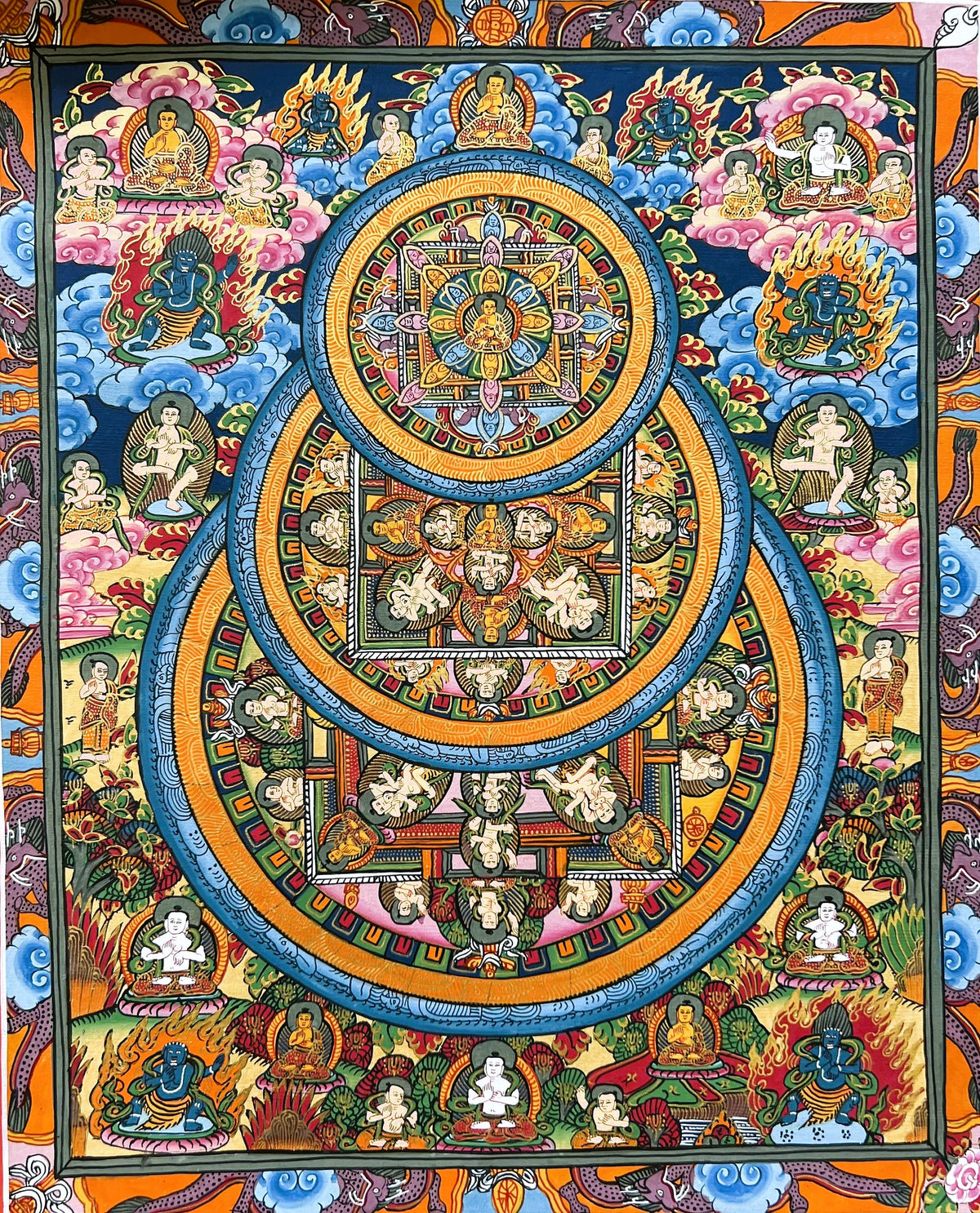 Hand-Painted Buddha Life Mandala Tibetan Thangka Art with Silk Brocade