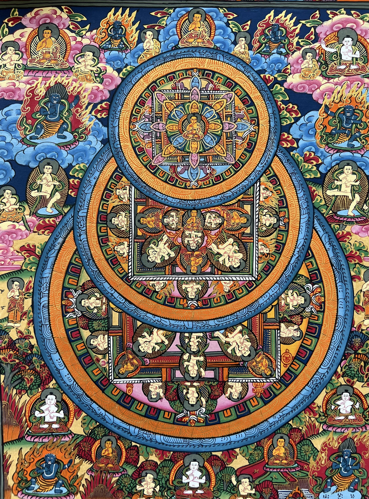 Hand-Painted Buddha Life Mandala Tibetan Thangka Art with Silk Brocade