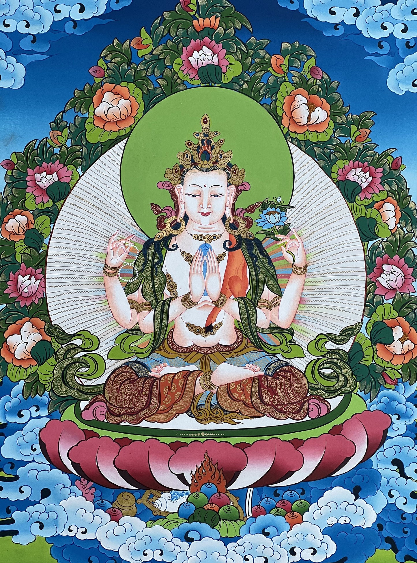 Four Armed Avalokiteshvara Chenrezig Thangka Hand Painted Tibetan Buddhist Art