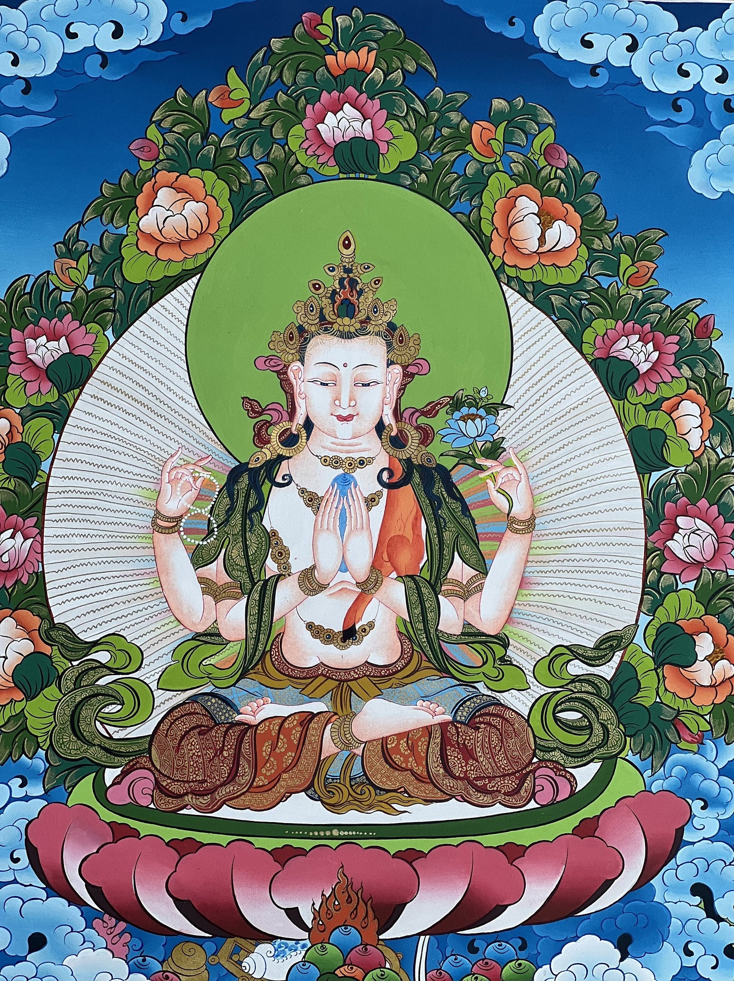 Four Armed Avalokiteshvara Chenrezig Thangka Hand Painted Tibetan Buddhist Art