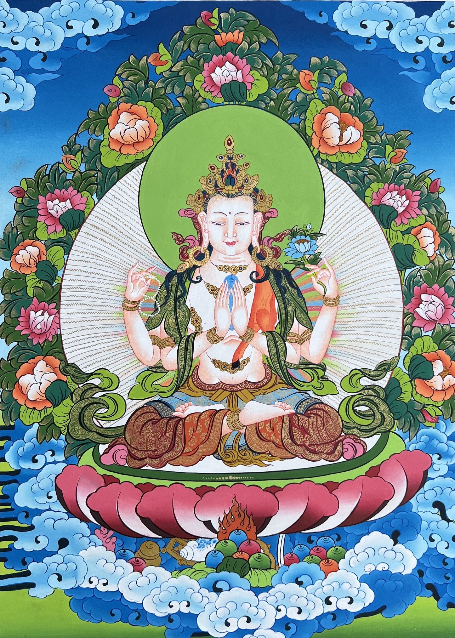 Four Armed Avalokiteshvara Chenrezig Thangka Hand Painted Tibetan Buddhist Art