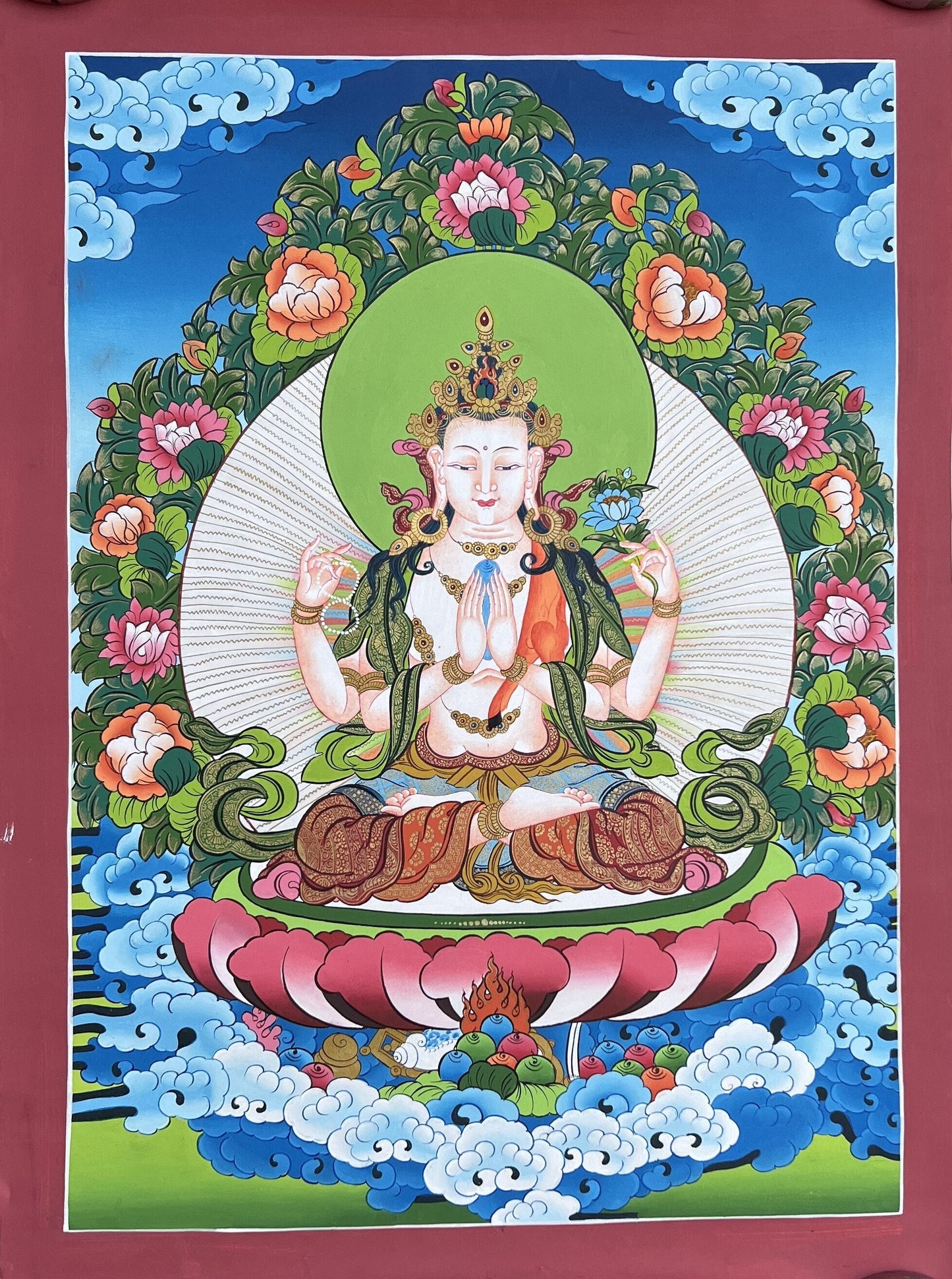 Four Armed Avalokiteshvara Chenrezig Thangka Hand Painted Tibetan Buddhist Art