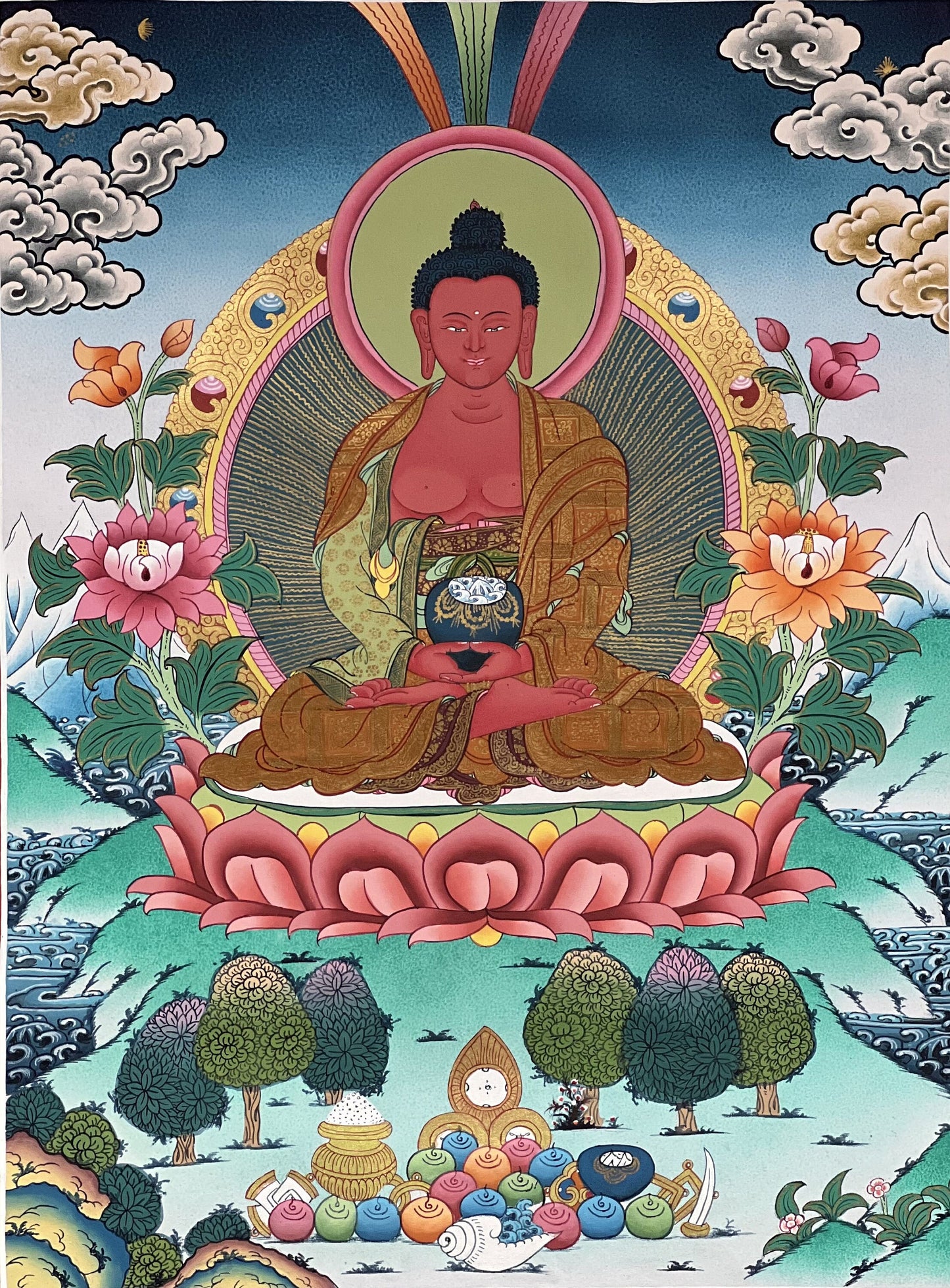 Hand-Painted Amitabha Buddha Thangka  | Tibetan Pure Land Art | Silk Brocade Masterpiece