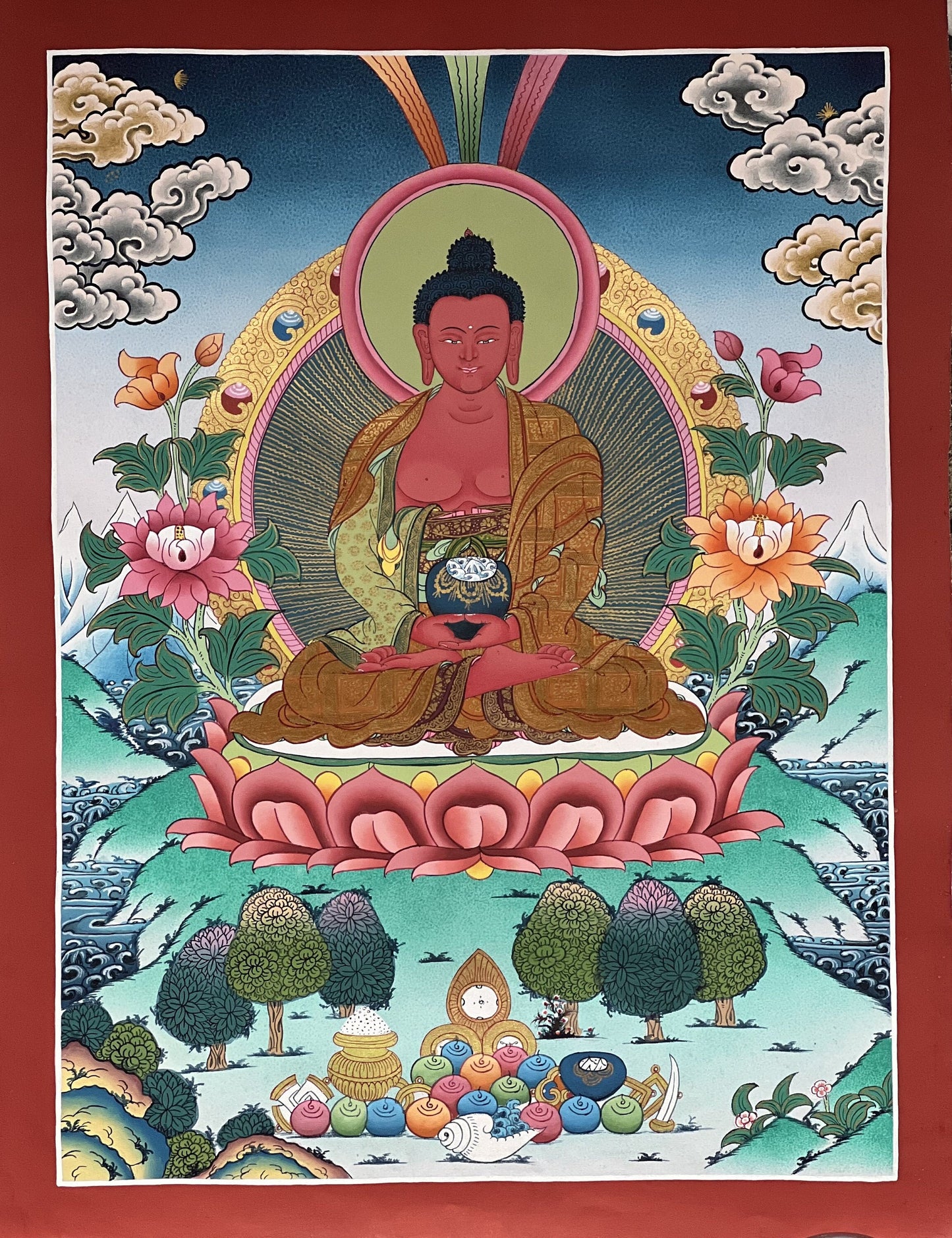 Hand-Painted Amitabha Buddha Thangka  | Tibetan Pure Land Art | Silk Brocade Masterpiece