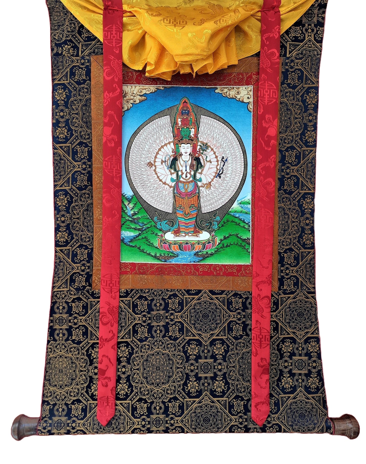 Hand-Painted 1000 Armed Avalokiteshvara Thanka, 24k Gold, Silk Framed