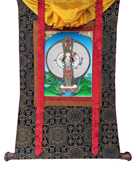 Hand-Painted 1000 Armed Avalokiteshvara Thanka, 24k Gold, Silk Framed