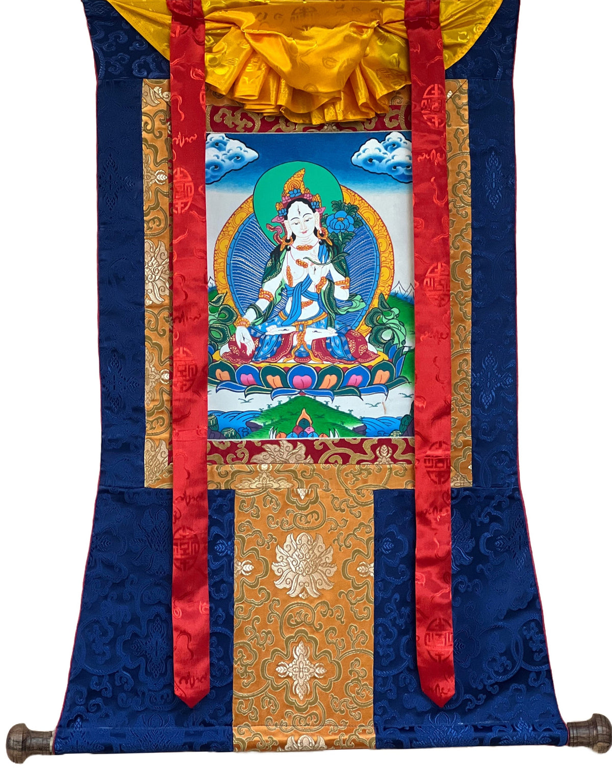 White Tara Thangka Painting, Mother Goddess Art with Silk Border