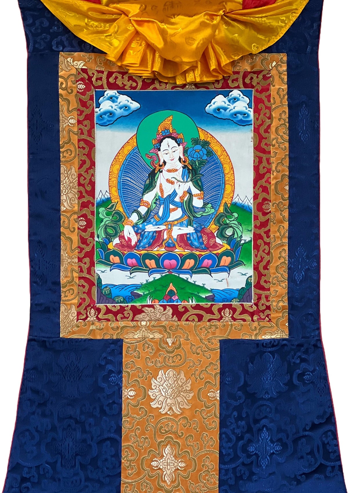 White Tara Thangka Painting, Mother Goddess Art with Silk Border