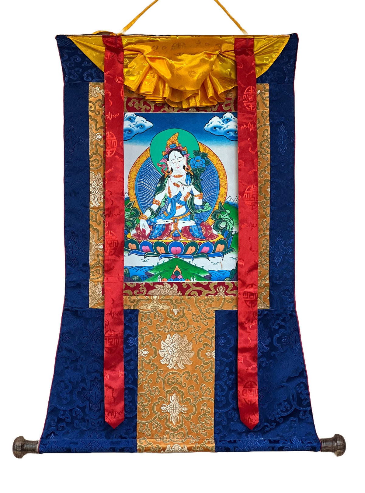 White Tara Thangka Painting, Mother Goddess Art with Silk Border