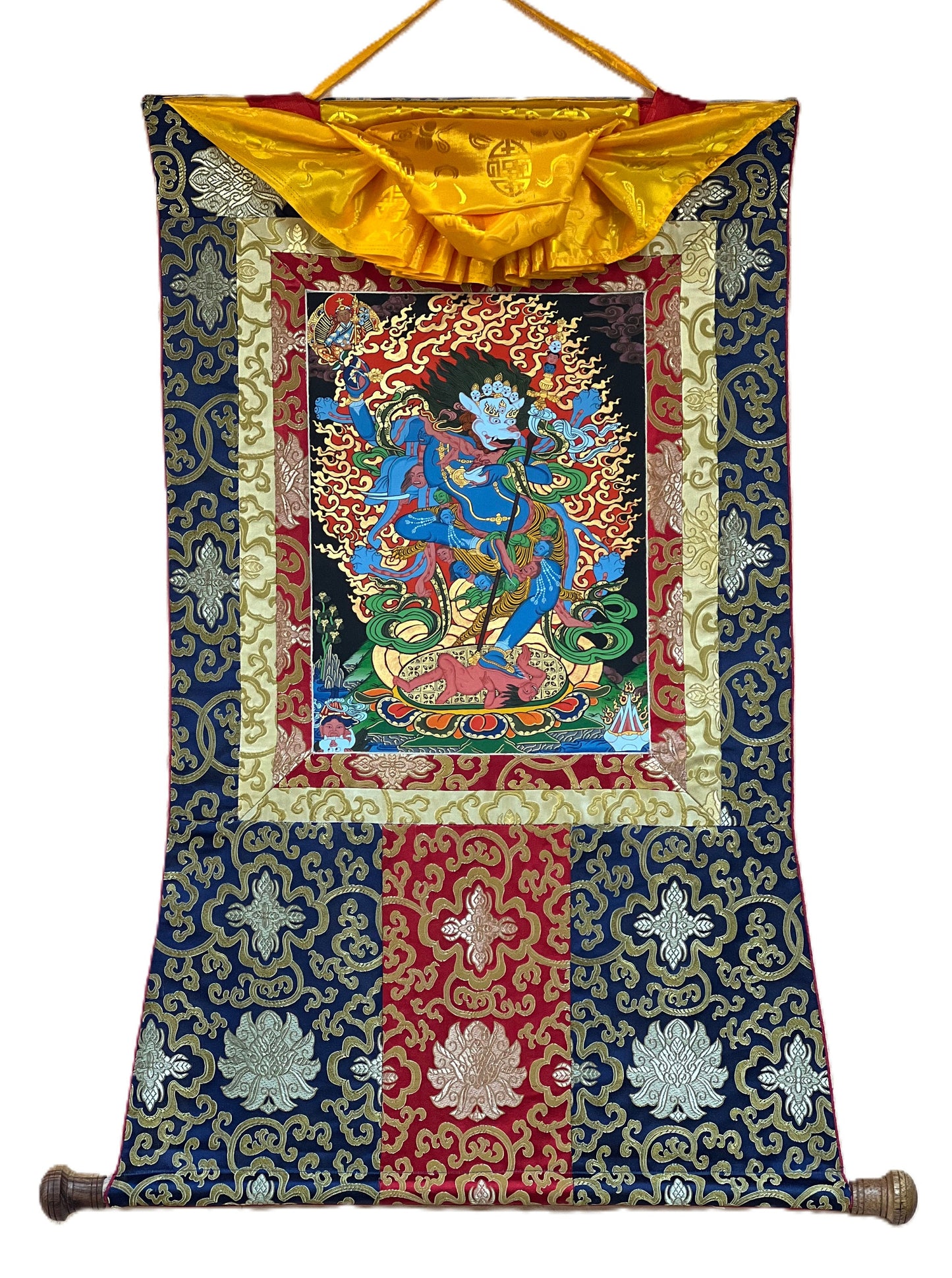 Hand-Painted Simhamukhi Yogini Lion-Faced Dakini Vajra Yogini Tibetan Thangka Painting Bordered with Silk