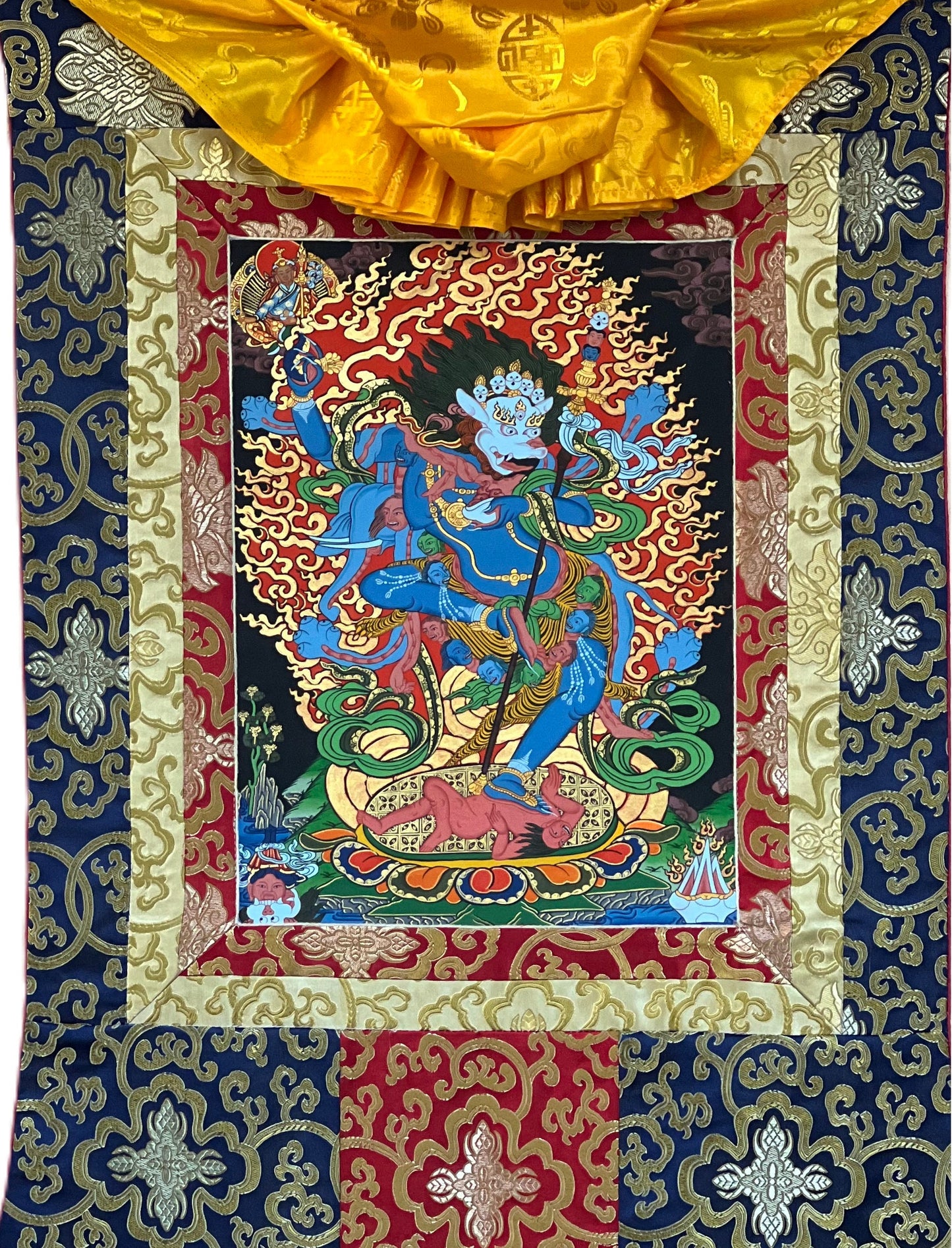 Hand-Painted Simhamukhi Yogini Lion-Faced Dakini Vajra Yogini Tibetan Thangka Painting Bordered with Silk