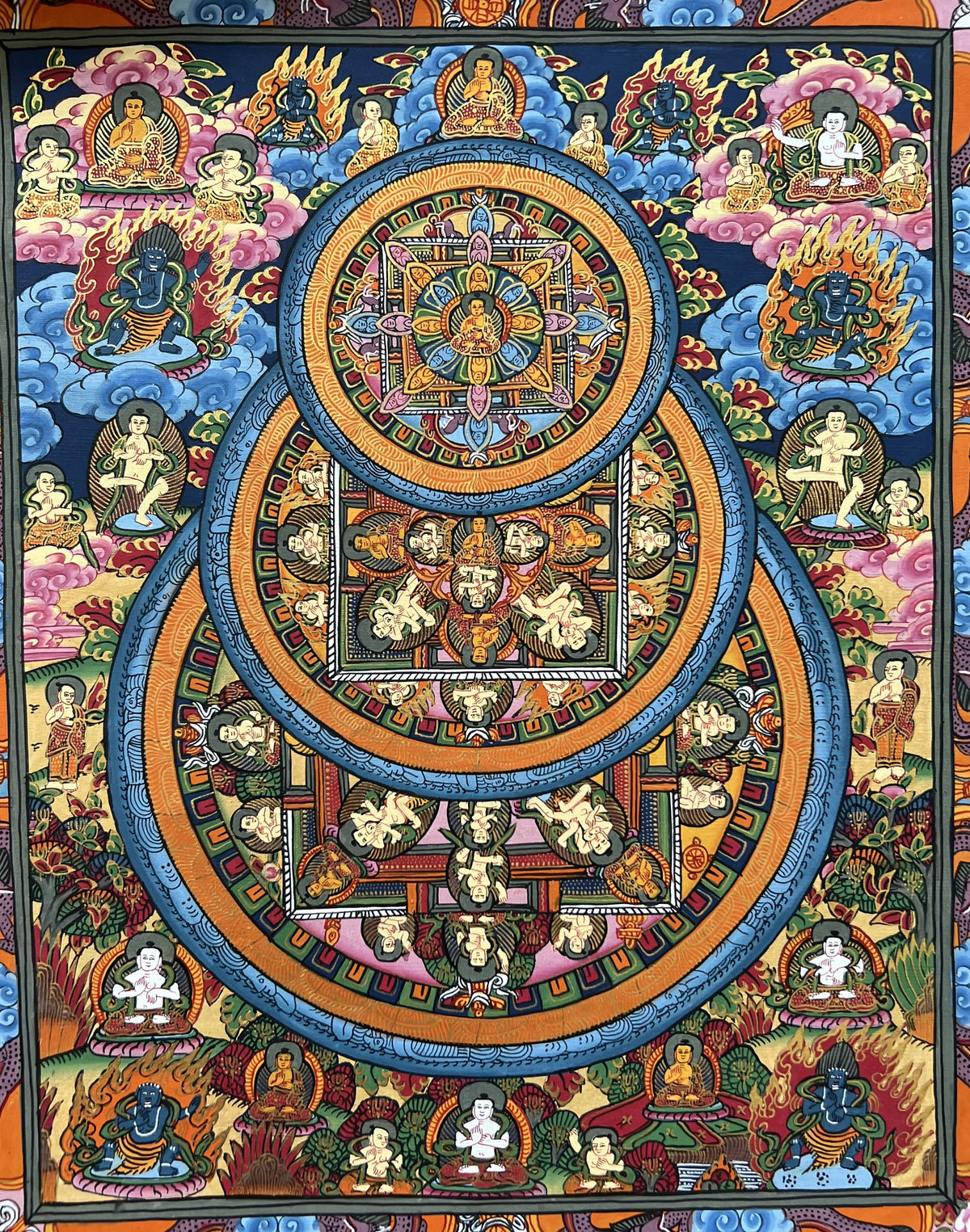 Hand-Painted Buddha Life Mandala Tibetan Thangka Art with Silk Brocade