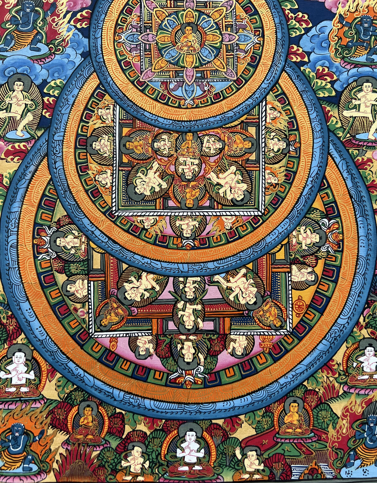 Hand-Painted Buddha Life Mandala Tibetan Thangka Art with Silk Brocade