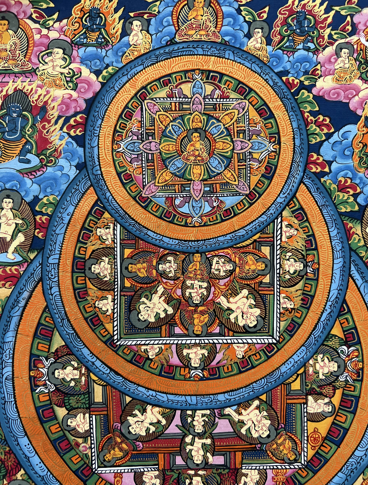 Hand-Painted Buddha Life Mandala Tibetan Thangka Art with Silk Brocade