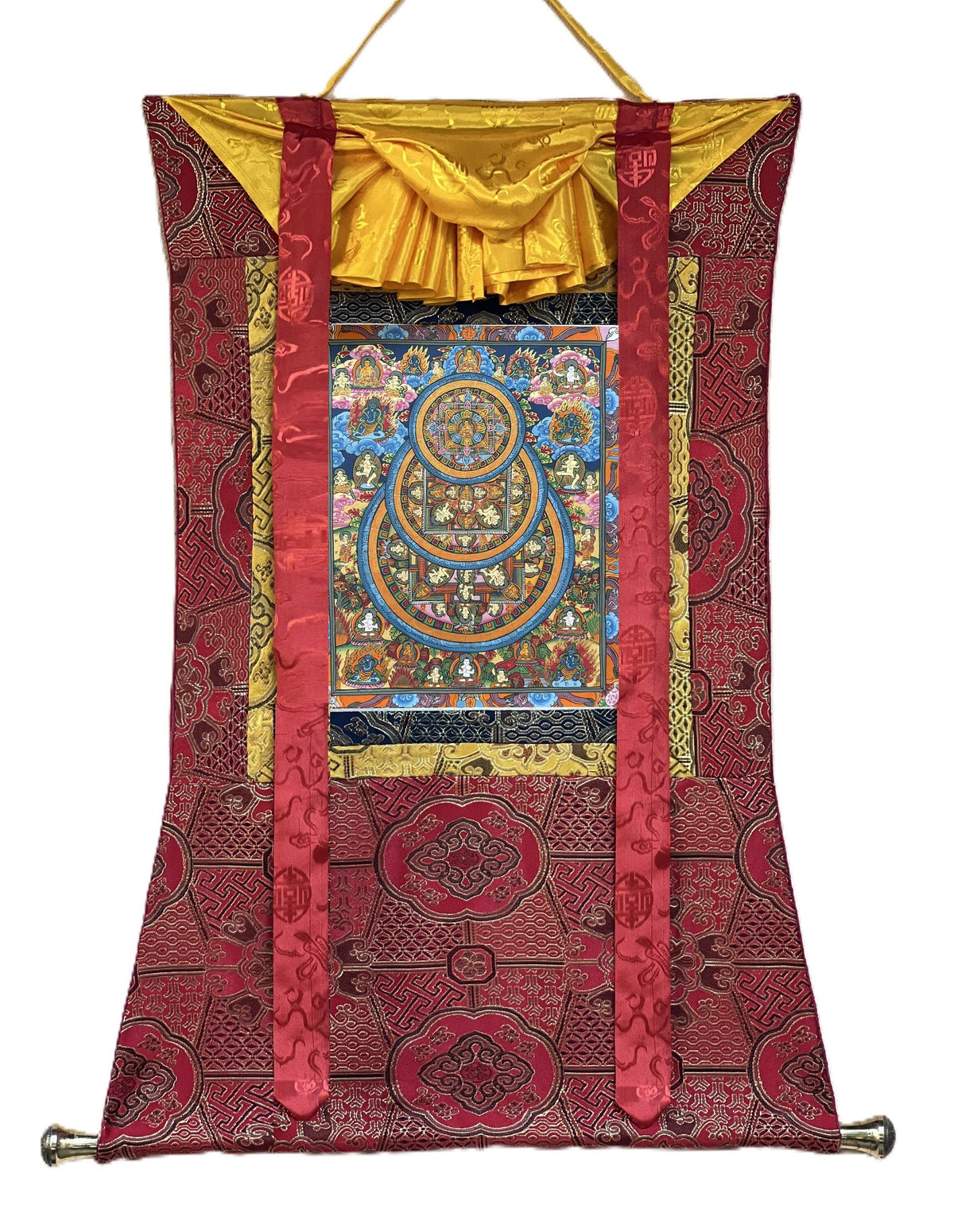 Hand-Painted Buddha Life Mandala Tibetan Thangka Art with Silk Brocade