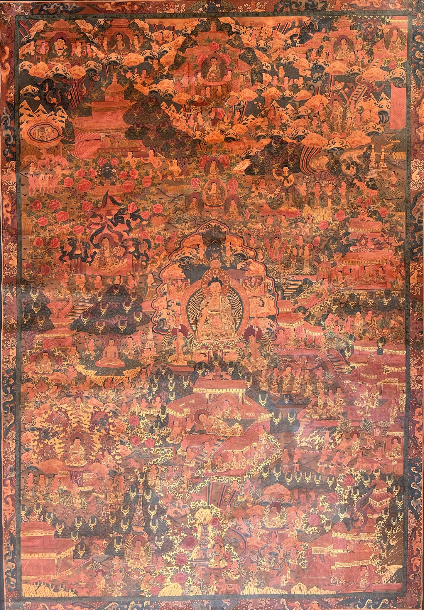 Hand-Painted Buddha Life Story Thangka Painting, LARGE Tibetan Art